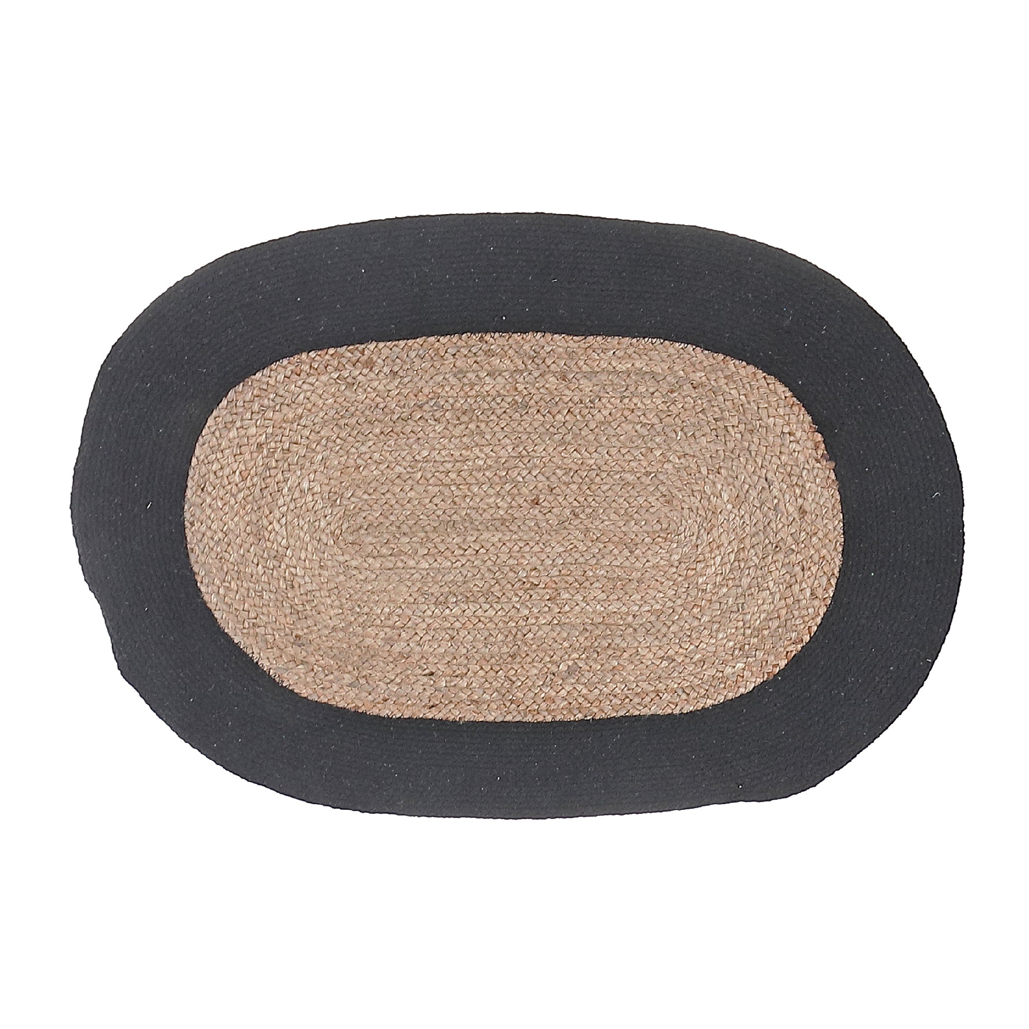 Oval Braided Jute Mat With Black Cotton Border 24x36 Inch, Natural Fiber Rug, Entryway Floor Mat