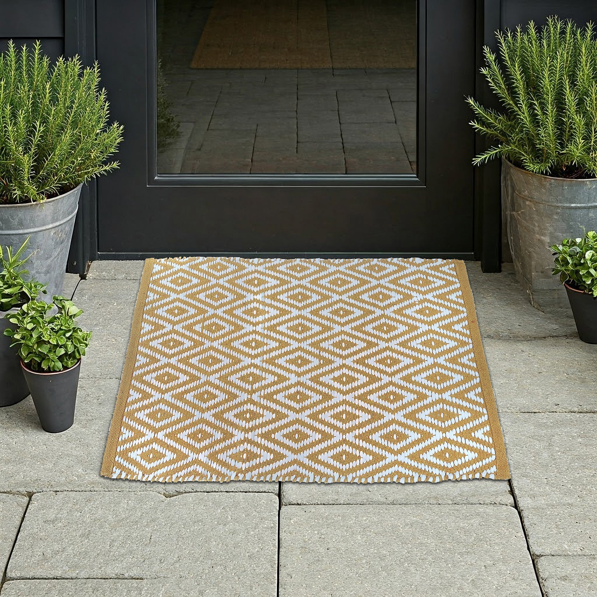 Handwoven Diamond Rug 20 x 32, Small Boho Area Rug, Cotton Floor Mat