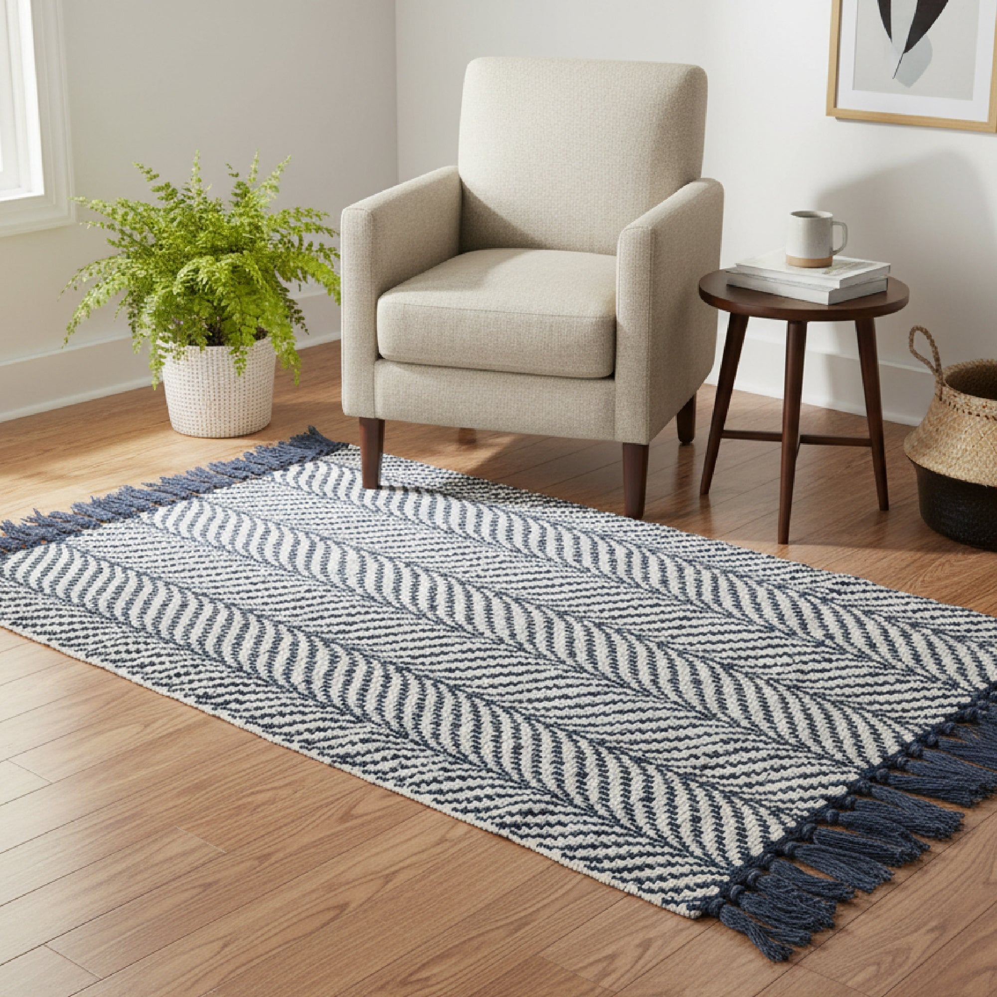 Large Navy Blue Handwoven Fern Pattern Area Rug, 30" x 48" - Set of 2