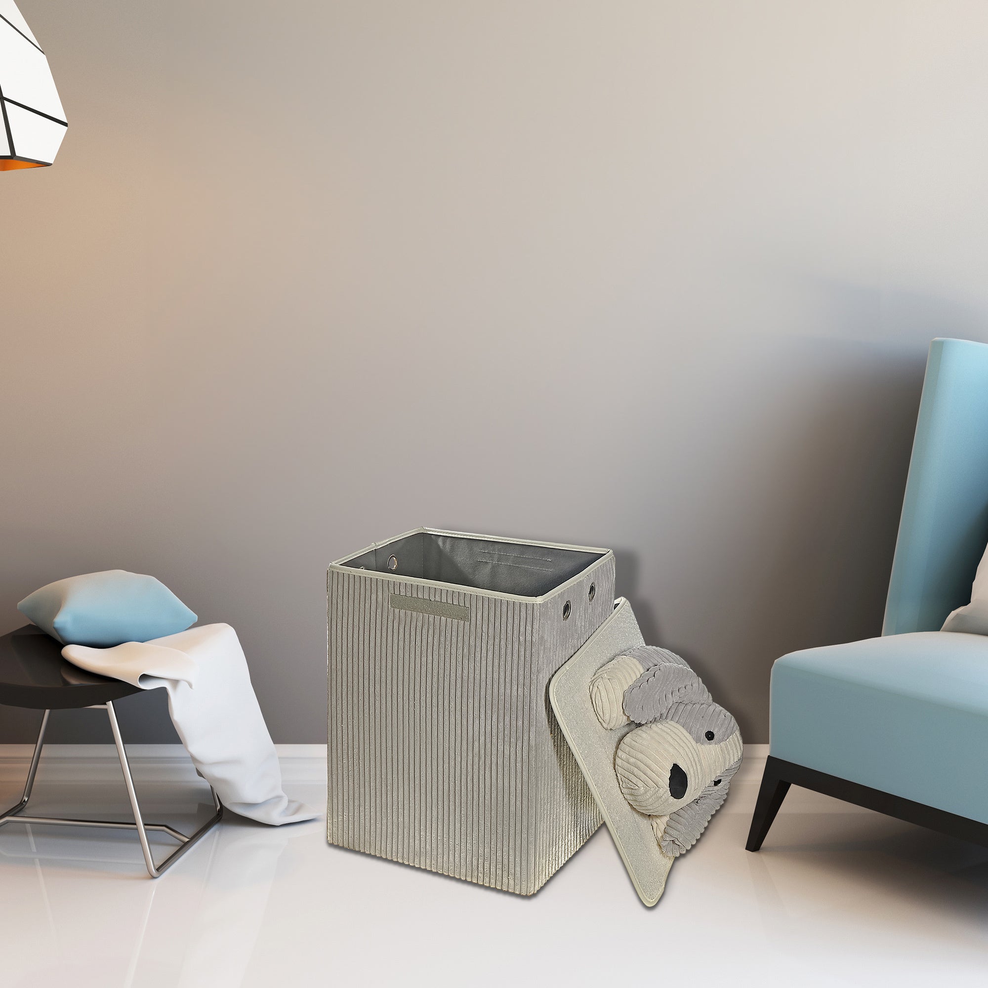 Rectangle Foldable Fabric Hamper with Lid Grey Plush Dog, Collapsible Laundry Basket, Kids Storage Bin