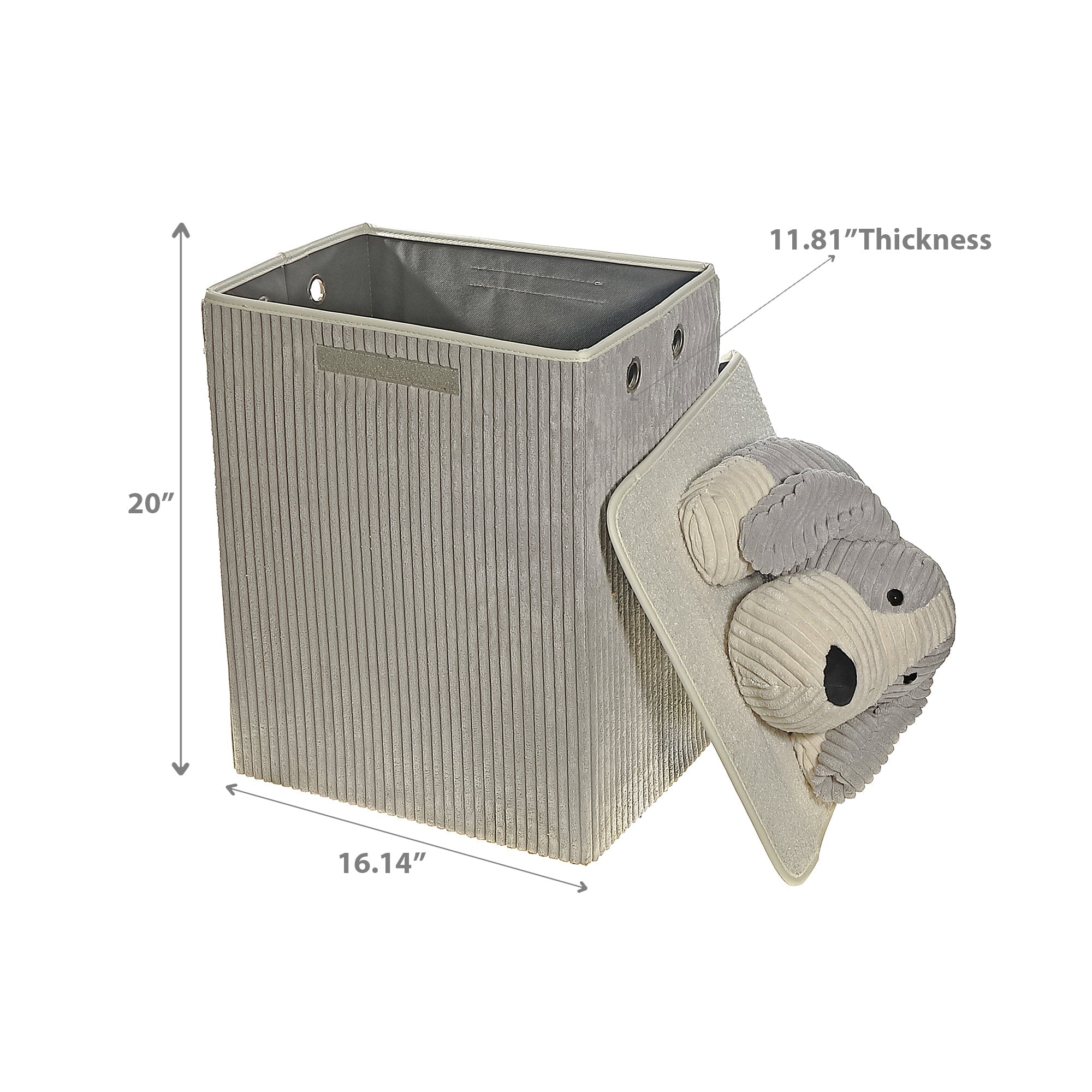 Rectangle Foldable Fabric Hamper with Lid Grey Plush Dog, Collapsible Laundry Basket, Kids Storage Bin