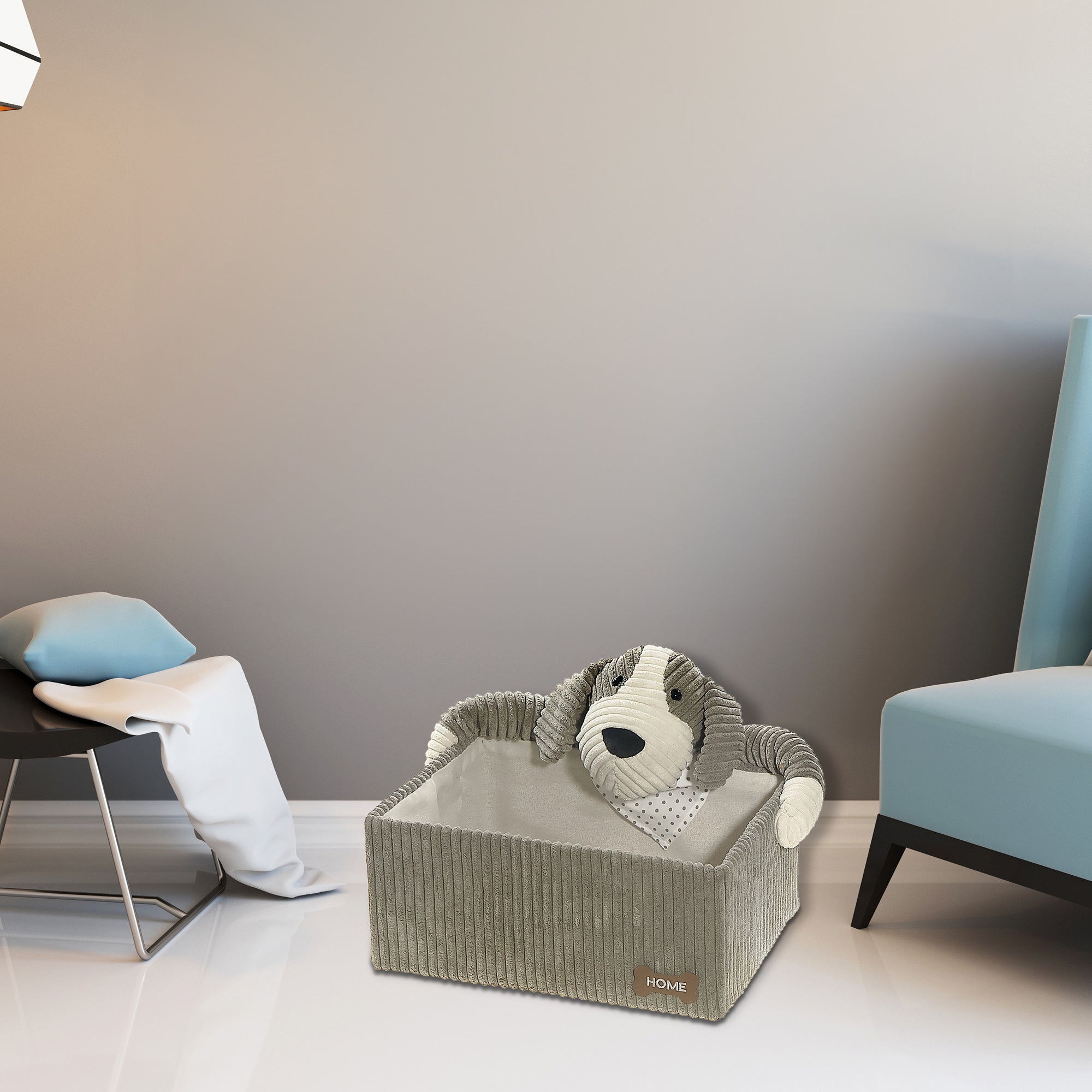 Rectangle Fabric Hamper with Grey Plush Dog, Kids Laundry Organizer, Fabric Storage Bin, Set of 2