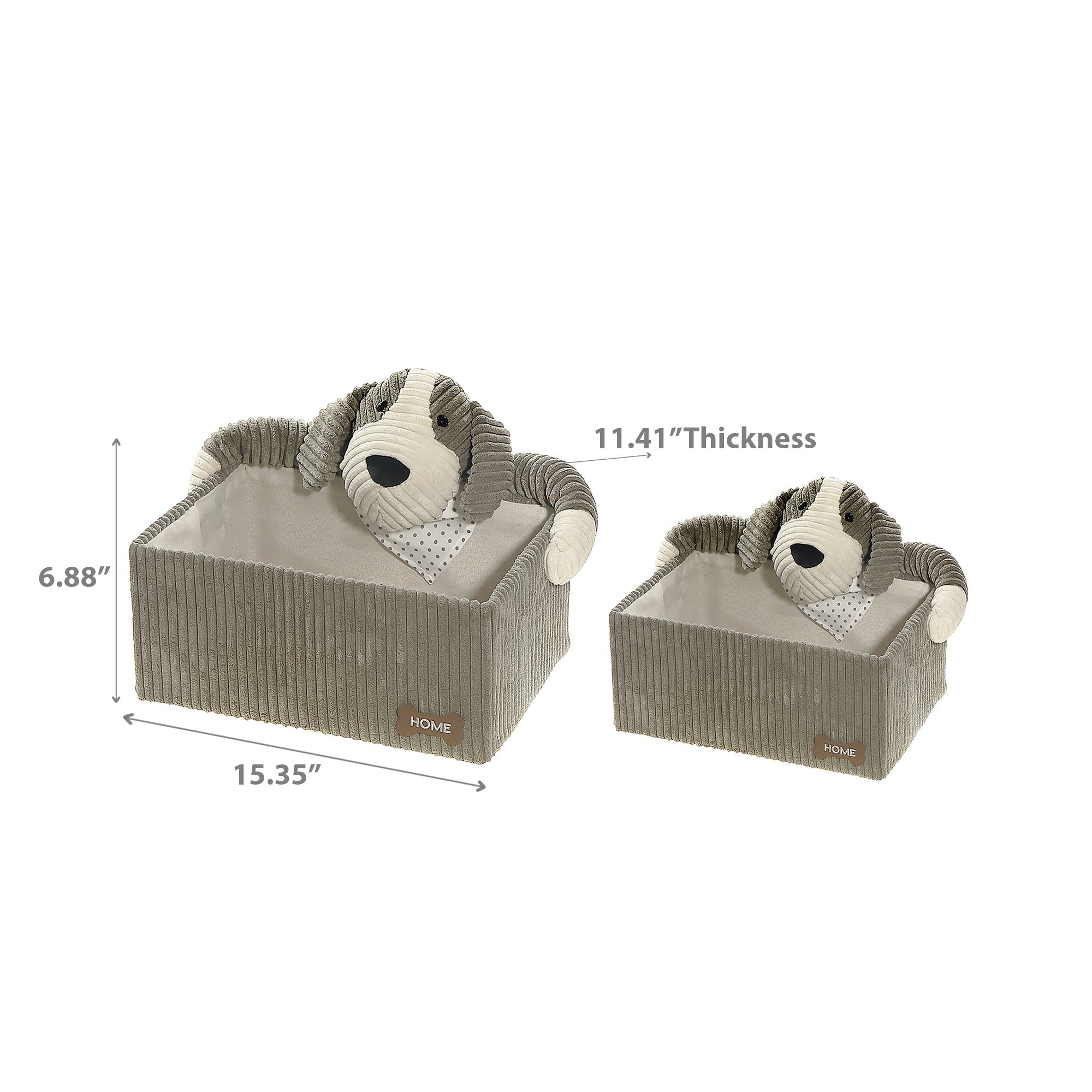 Rectangle Fabric Hamper with Grey Plush Dog, Kids Laundry Organizer, Fabric Storage Bin, Set of 2