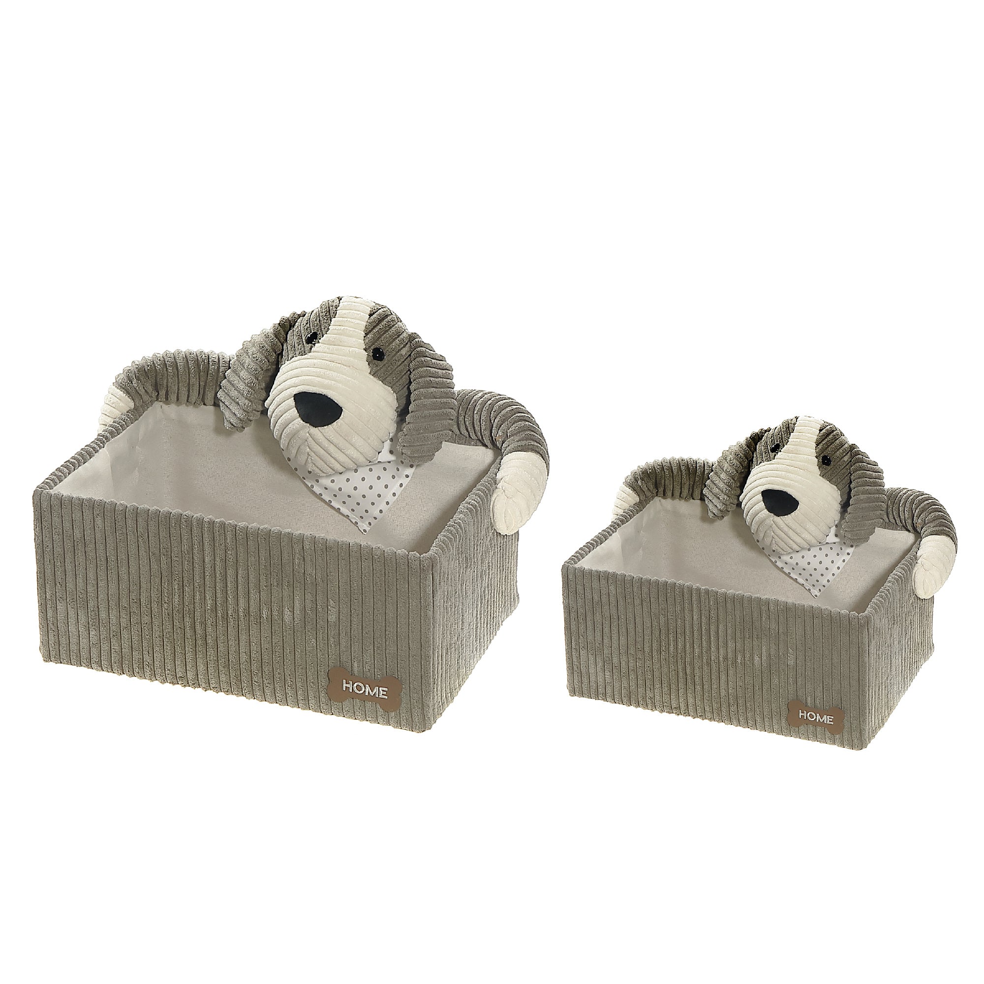 Rectangle Fabric Hamper with Grey Plush Dog, Kids Laundry Organizer, Fabric Storage Bin, Set of 2