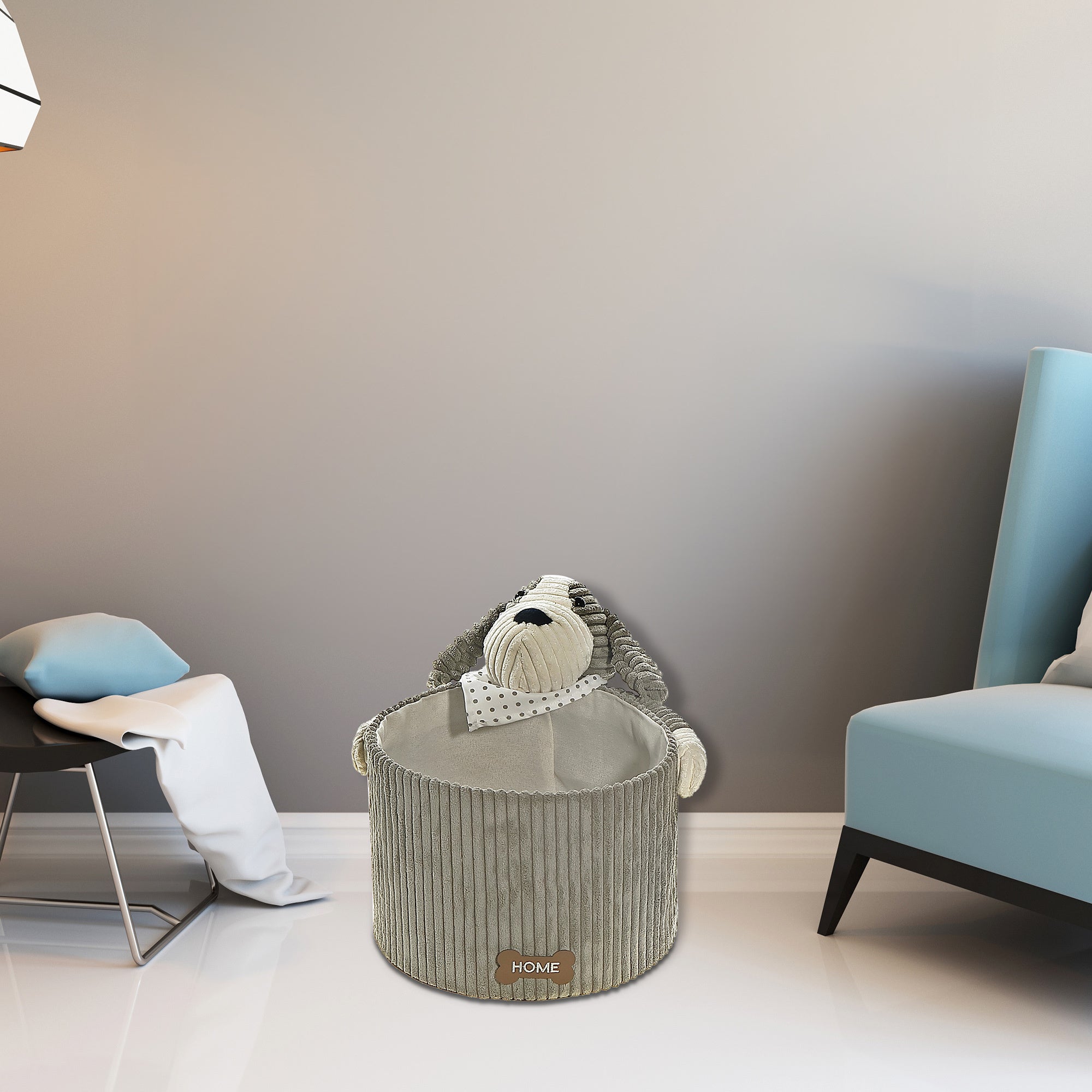 Round Fabric Hamper with Grey Plush Dog, Children Laundry Basket, Toy Storage Organizer, Set of 2