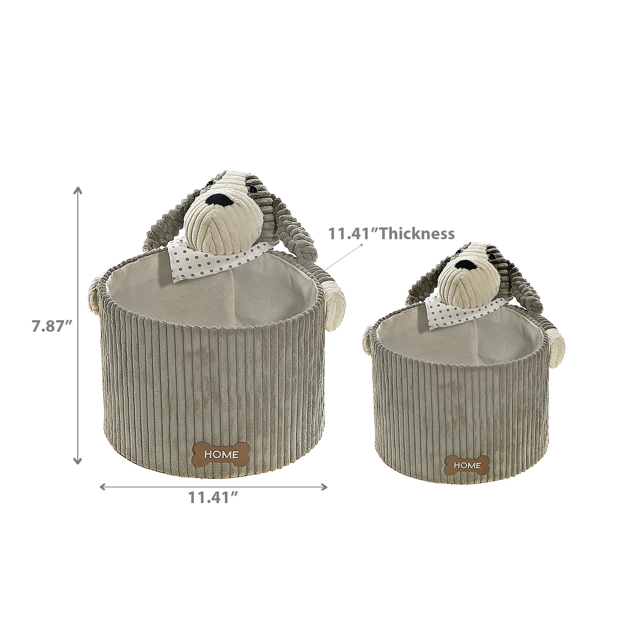 Round Fabric Hamper with Grey Plush Dog, Children Laundry Basket, Toy Storage Organizer, Set of 2