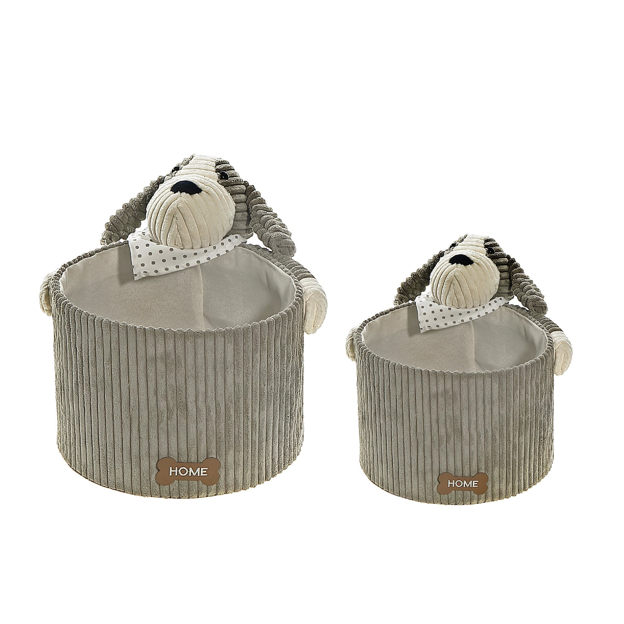 Round Fabric Hamper with Grey Plush Dog, Children Laundry Basket, Toy Storage Organizer, Set of 2