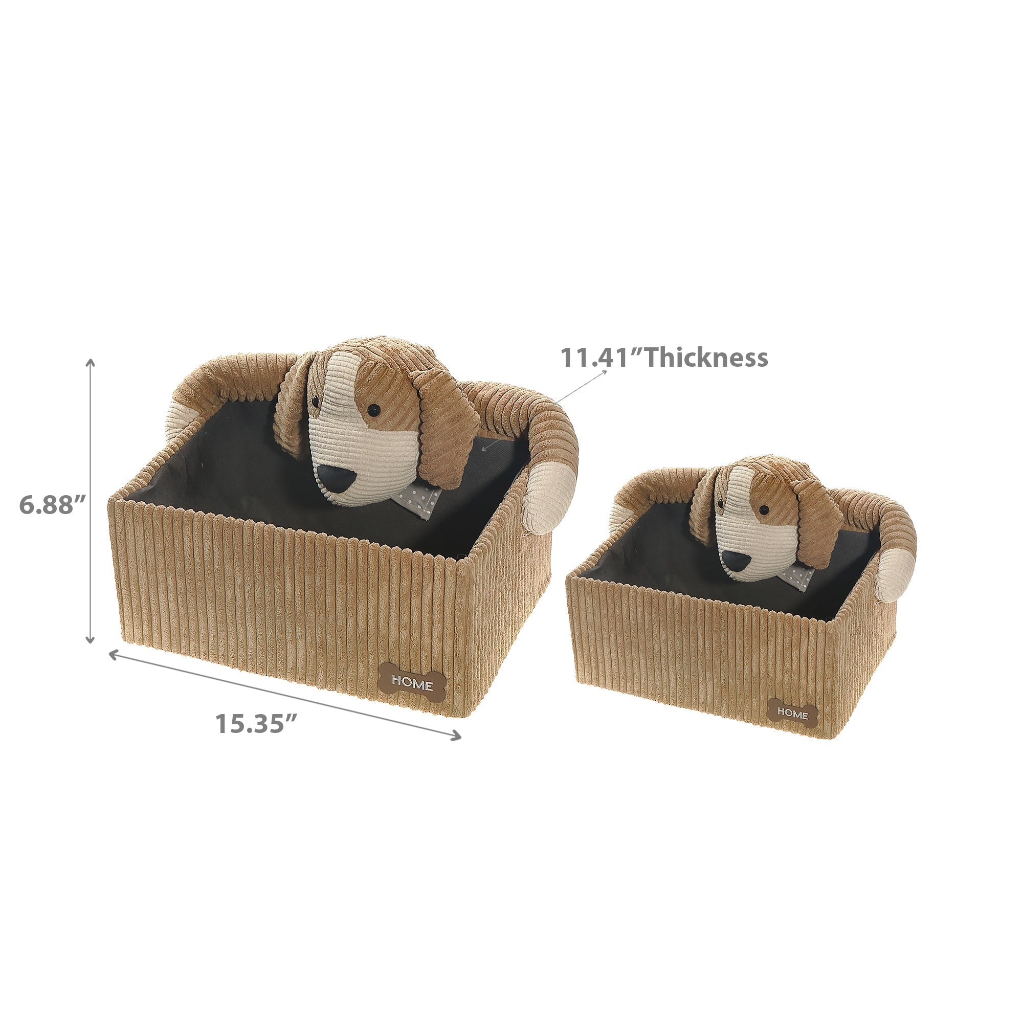 Rectangle Fabric Hamper with Brown Plush Dog, Kids Laundry Basket, Nursery Storage Bin, Set of 2
