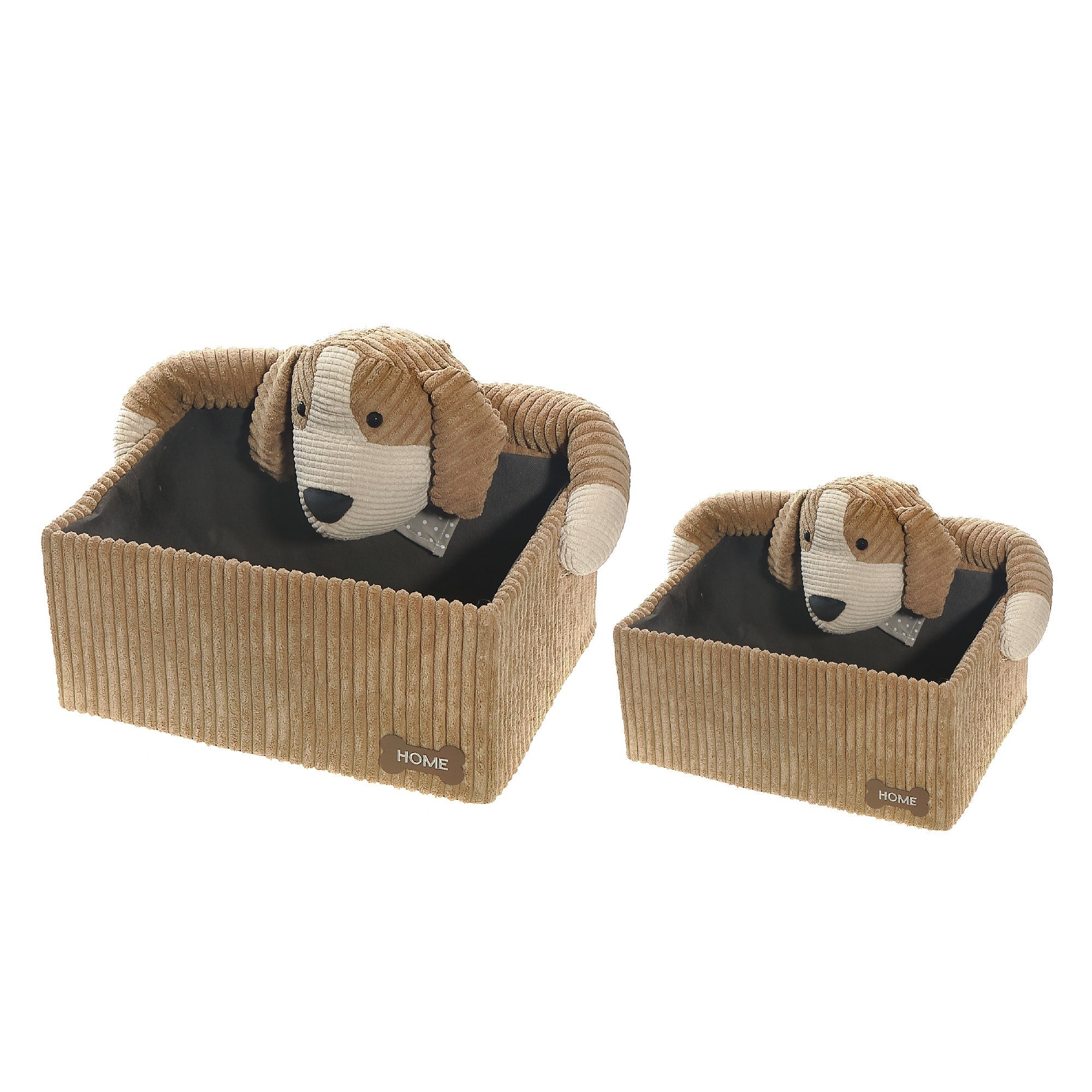 Rectangle Fabric Hamper with Brown Plush Dog, Kids Laundry Basket, Nursery Storage Bin, Set of 2