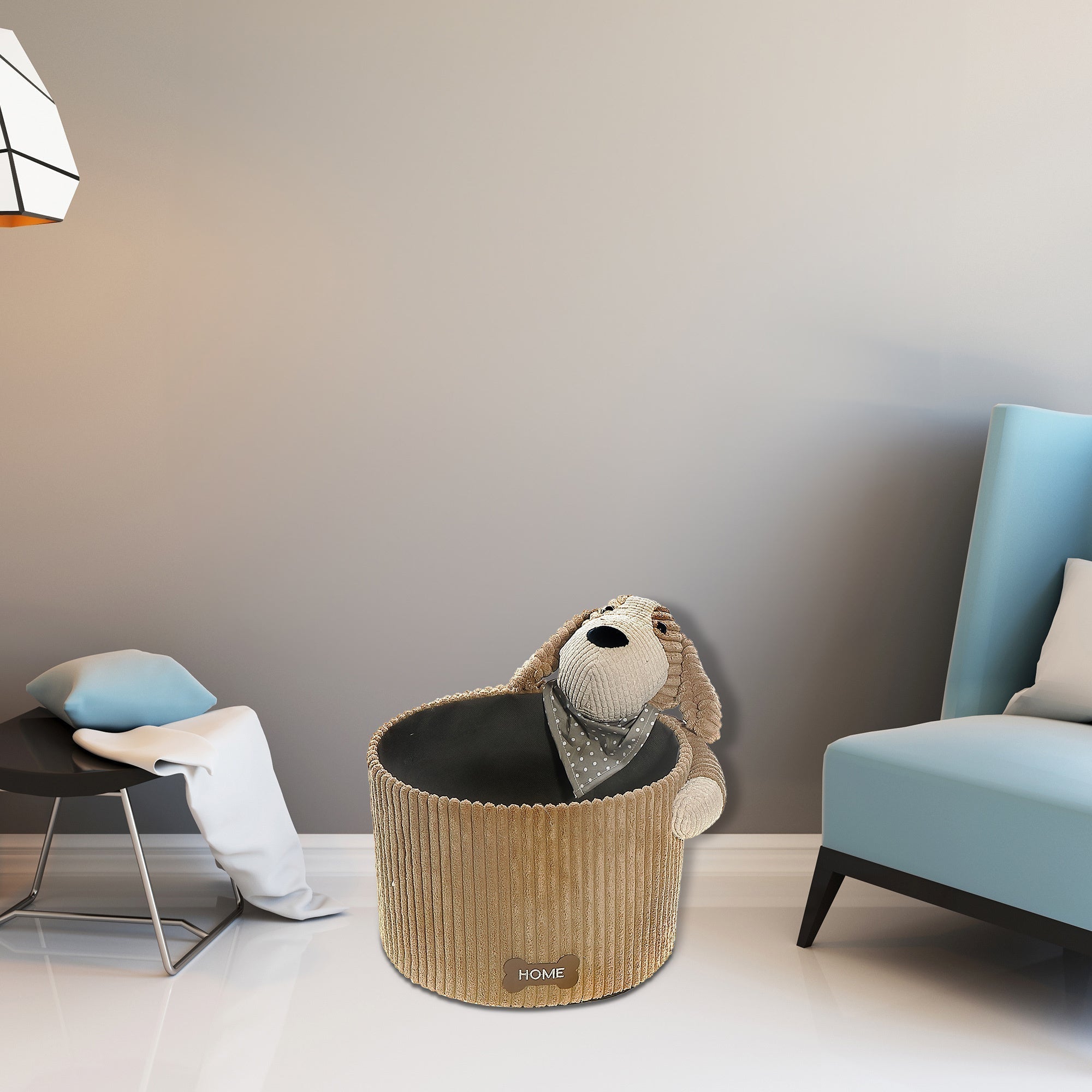 Round Fabric Hamper with Brown Plush Dog, Kids Laundry Basket, Nursery Storage Organizer, Set of 2