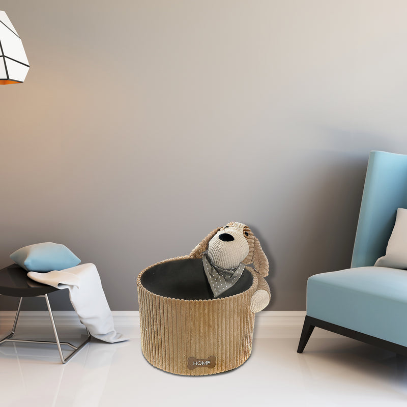 Round Fabric Hamper With Brown Plush Dog Set Of 2