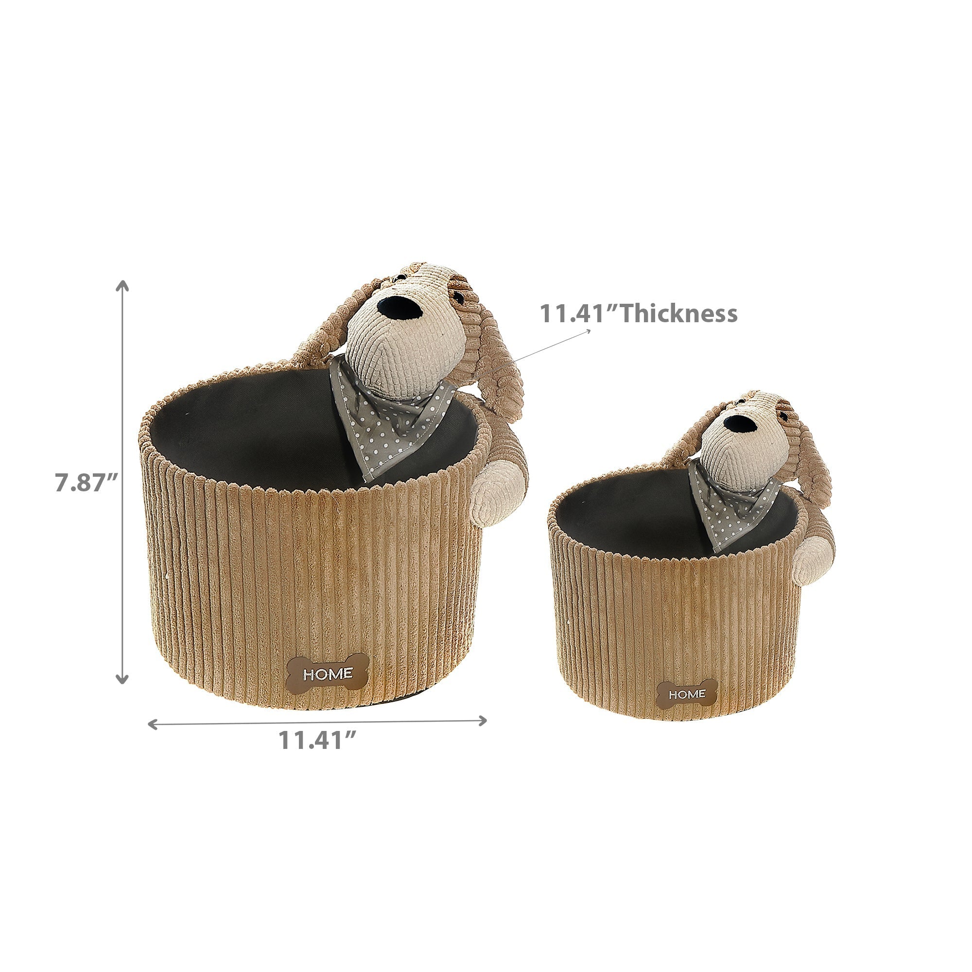 Round Fabric Hamper with Brown Plush Dog, Kids Laundry Basket, Nursery Storage Organizer, Set of 2