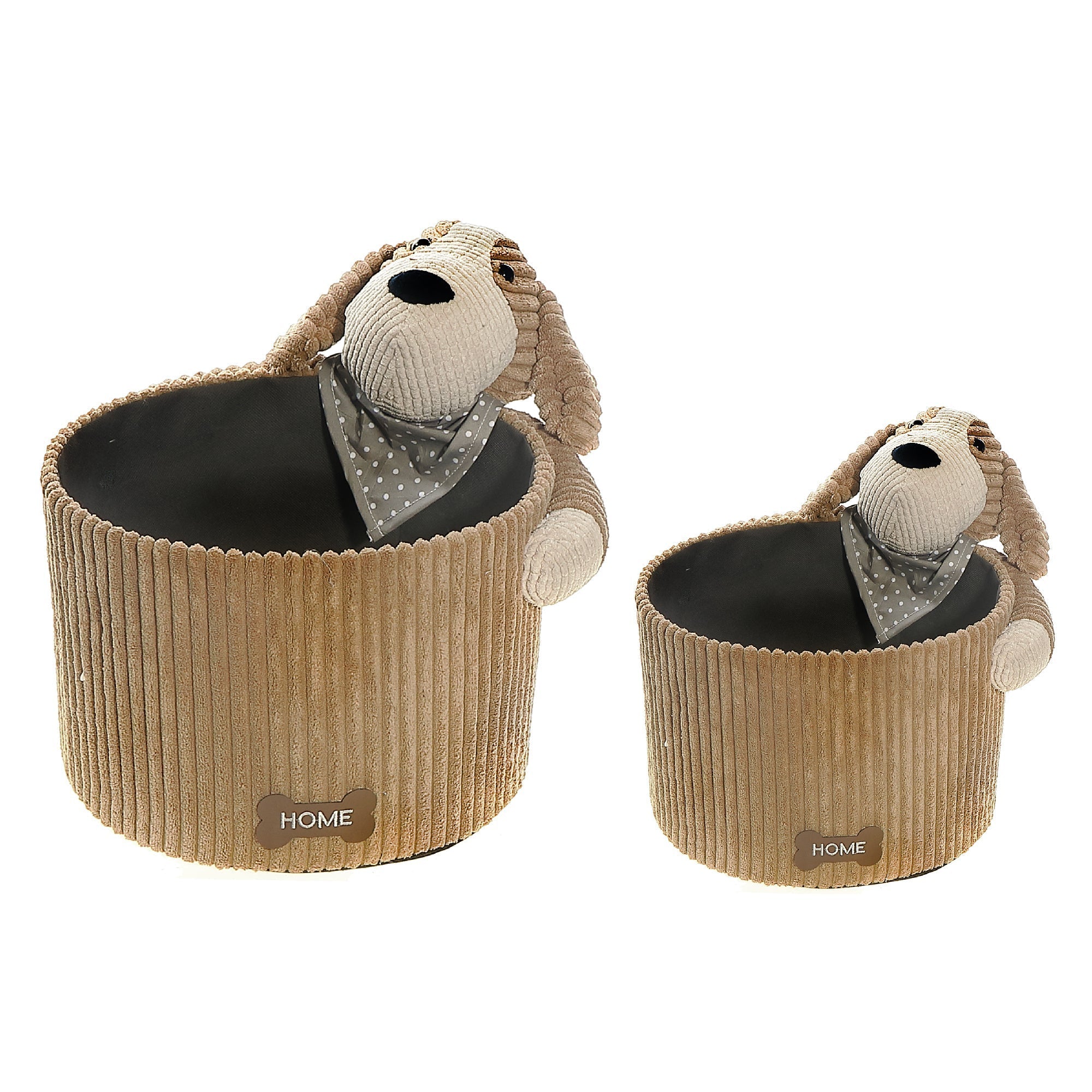 Round Fabric Hamper with Brown Plush Dog, Kids Laundry Basket, Nursery Storage Organizer, Set of 2