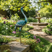 Blue Solar-Powered Metal Heron Garden Statue with Light Feature