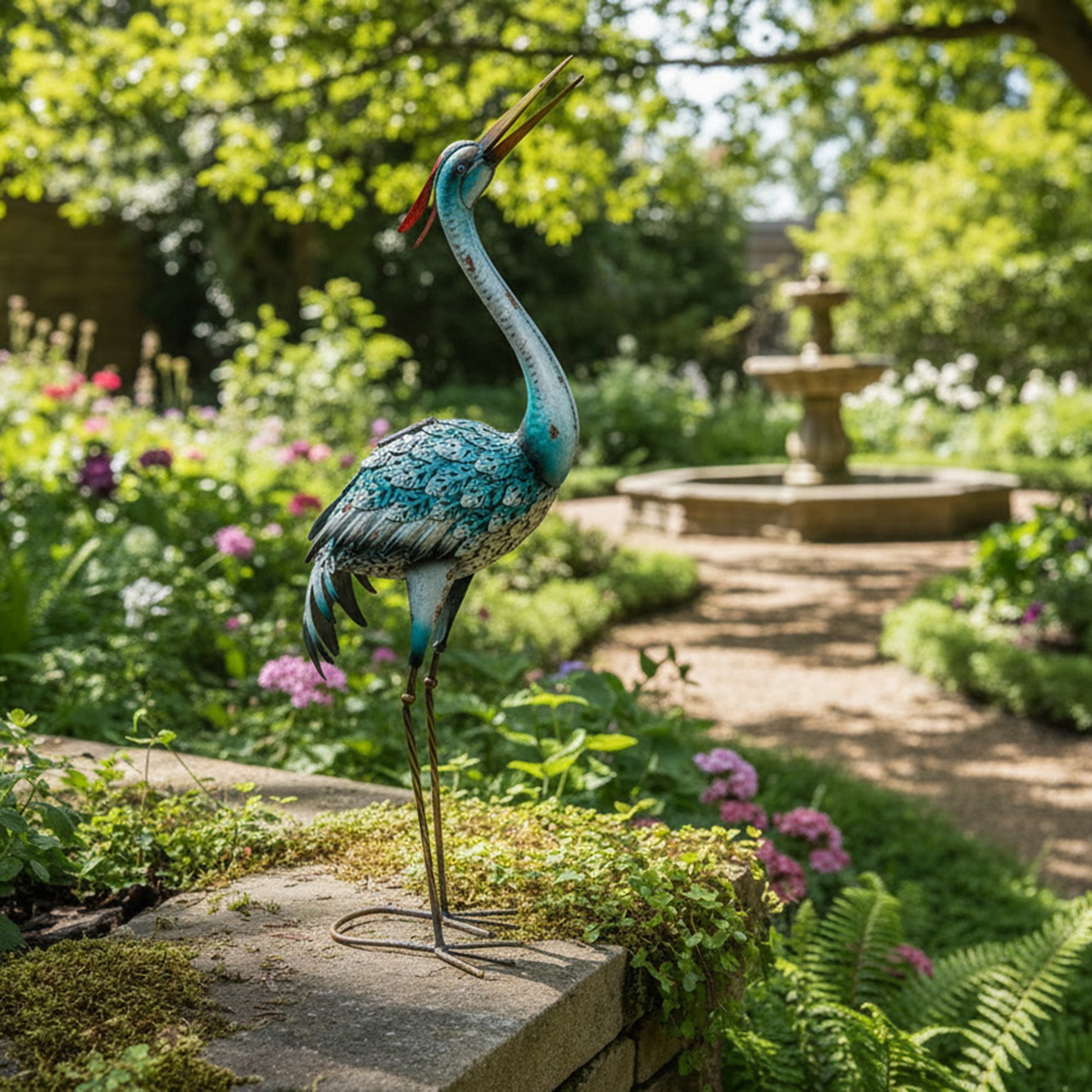 Blue Solar-Powered Metal Heron Garden Statue with Light Feature