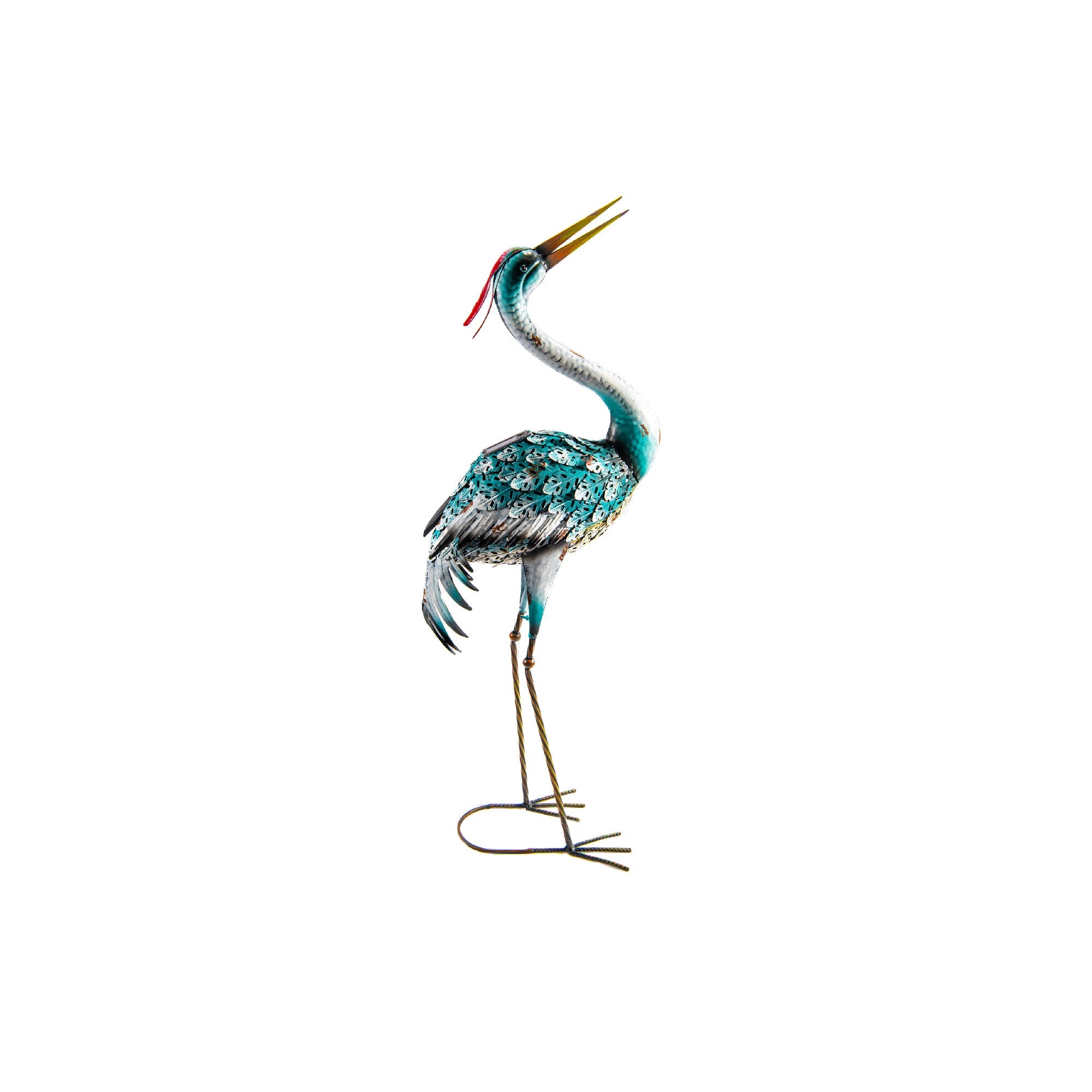 Blue Solar-Powered Metal Heron Garden Statue with Light Feature