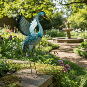 Blue Solar-Powered Wing-Spread Metal Heron Garden Décor with Lighting