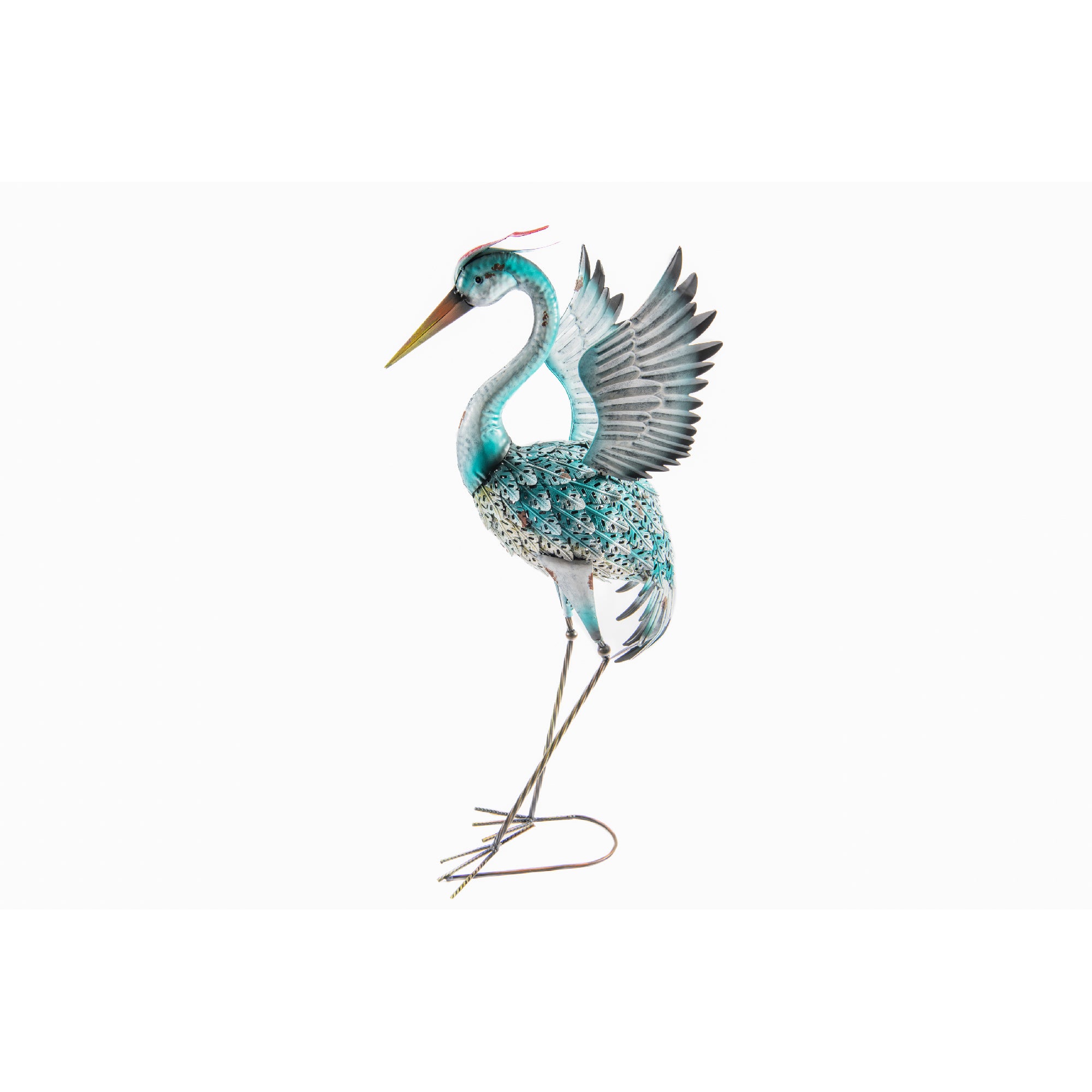 Blue Solar-Powered Wing-Spread Metal Heron Garden Décor with Lighting