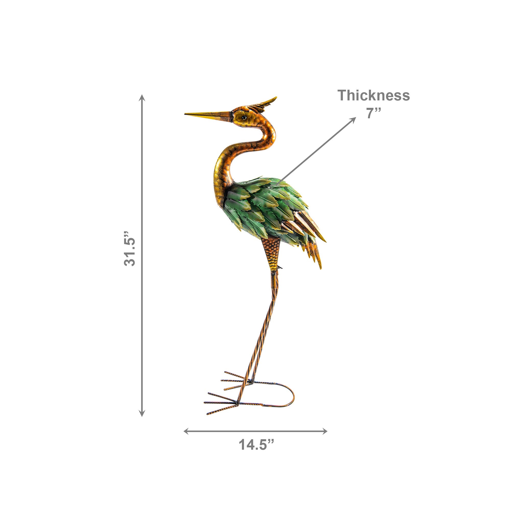 Multi-Tone Gold, Green, and Bronze Metal Heron Decorative Statue