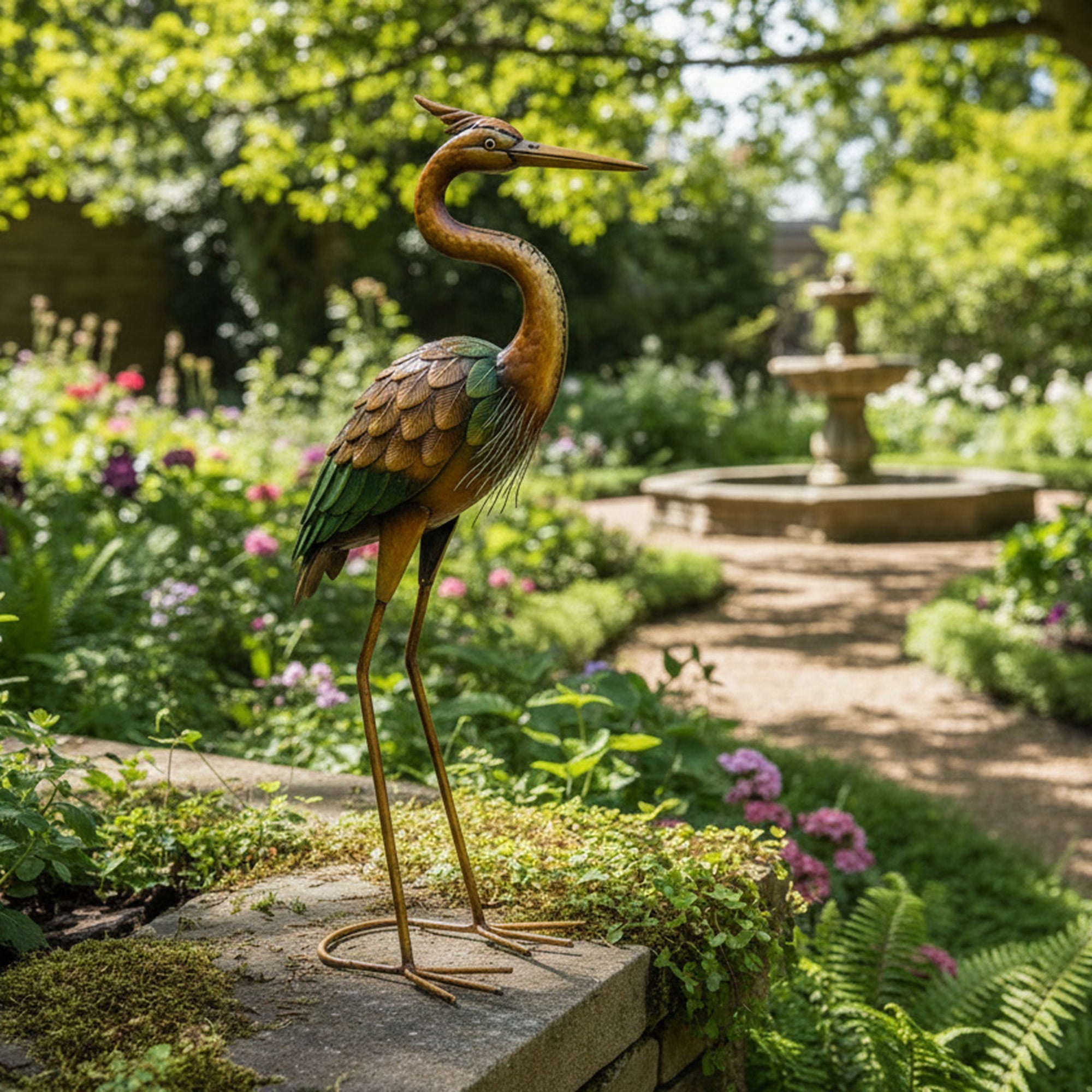 Multi-Tone Gold, Green, and Bronze Metal Heron Decorative Statue