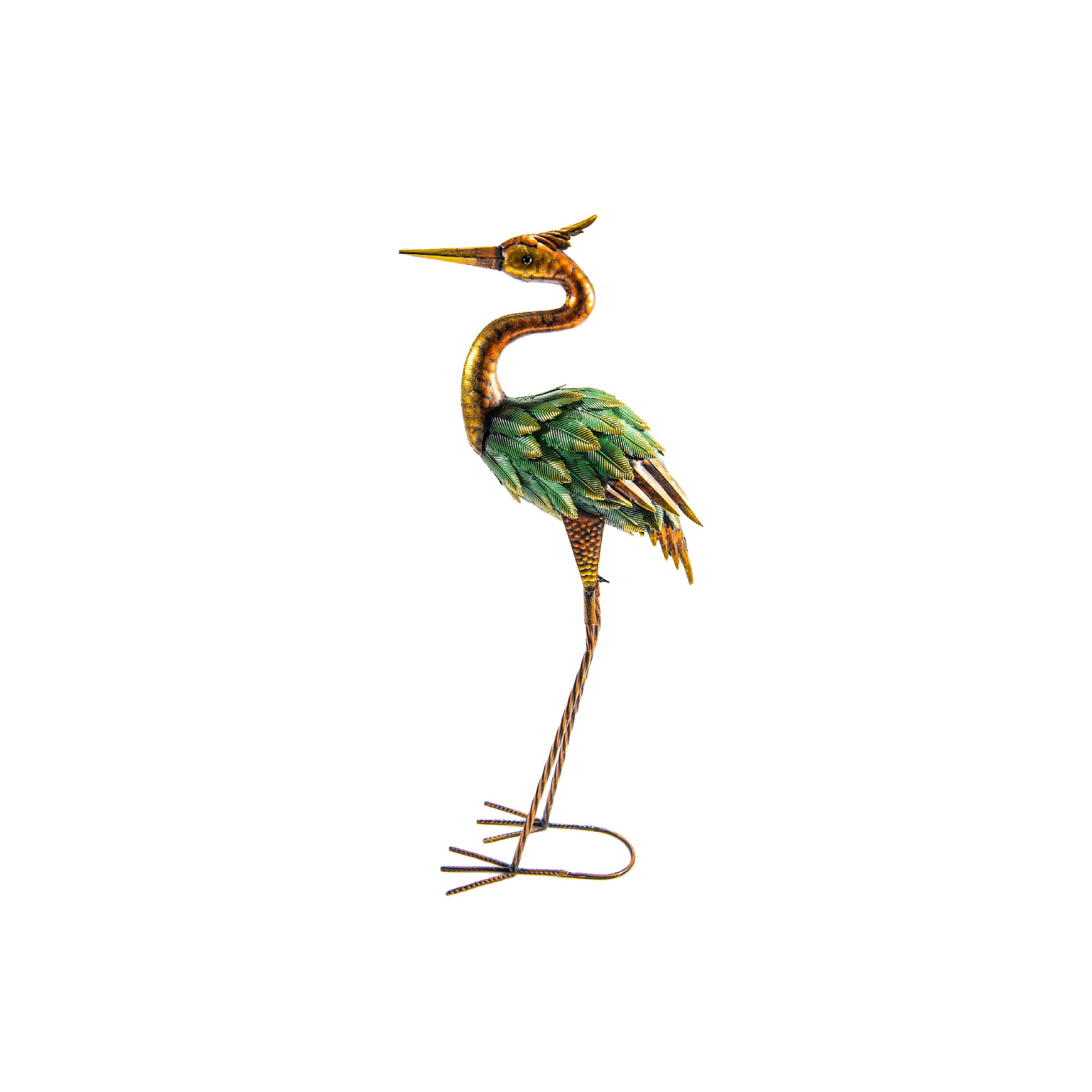 Multi-Tone Gold, Green, and Bronze Metal Heron Decorative Statue