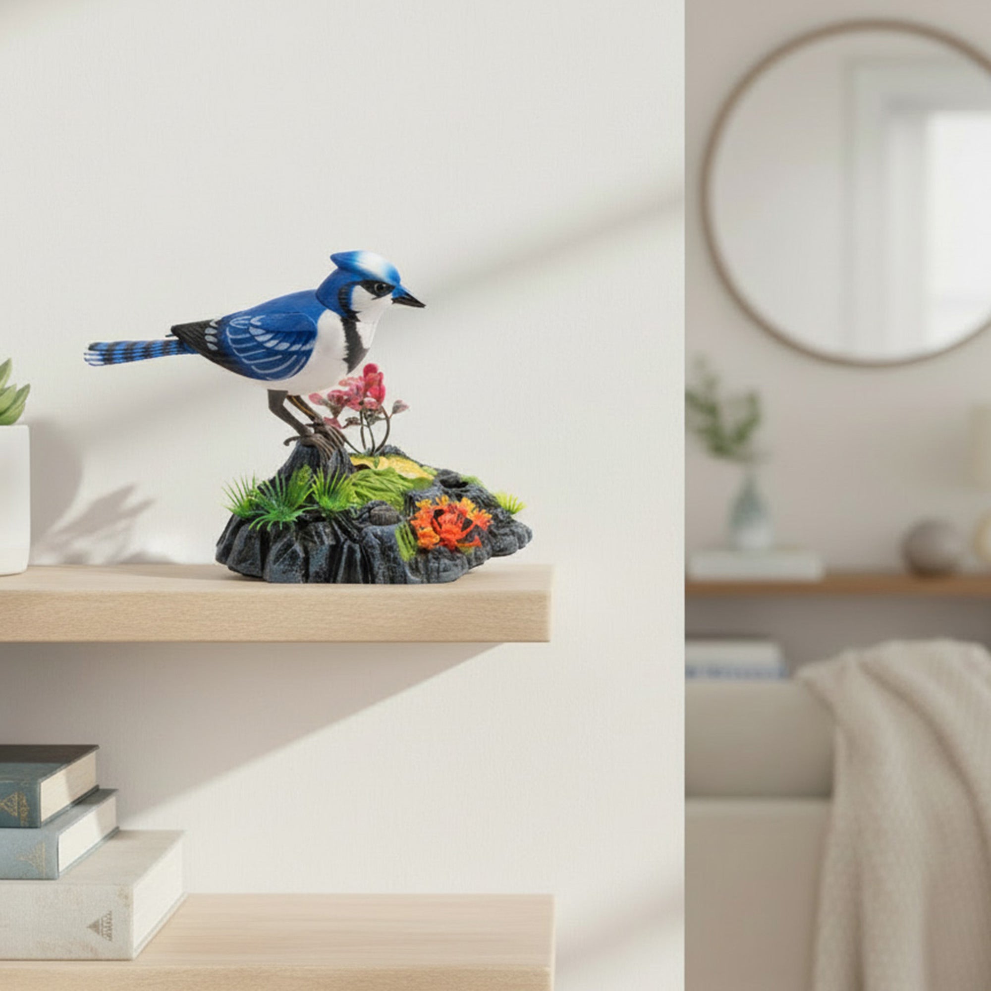 Voice-Activated Blue Jay Induction Bird Decorative Accent with Movement