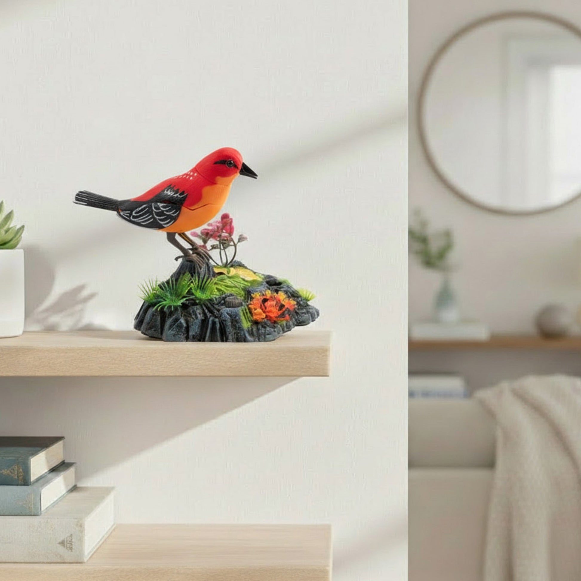 Voice-Activated Cardinal Induction Bird Décor with Interactive Features