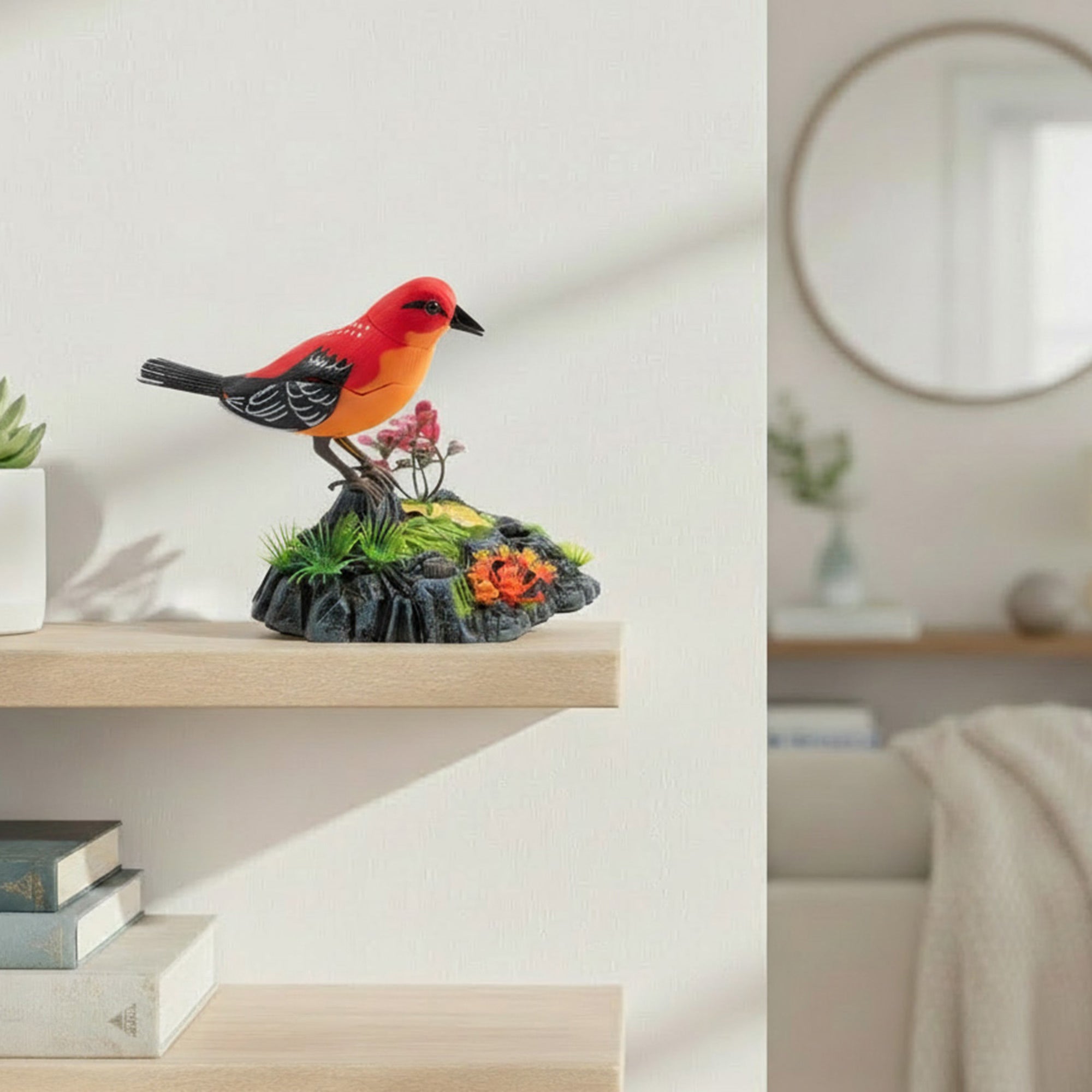 Voice-Activated Cardinal Induction Bird Décor with Interactive Features
