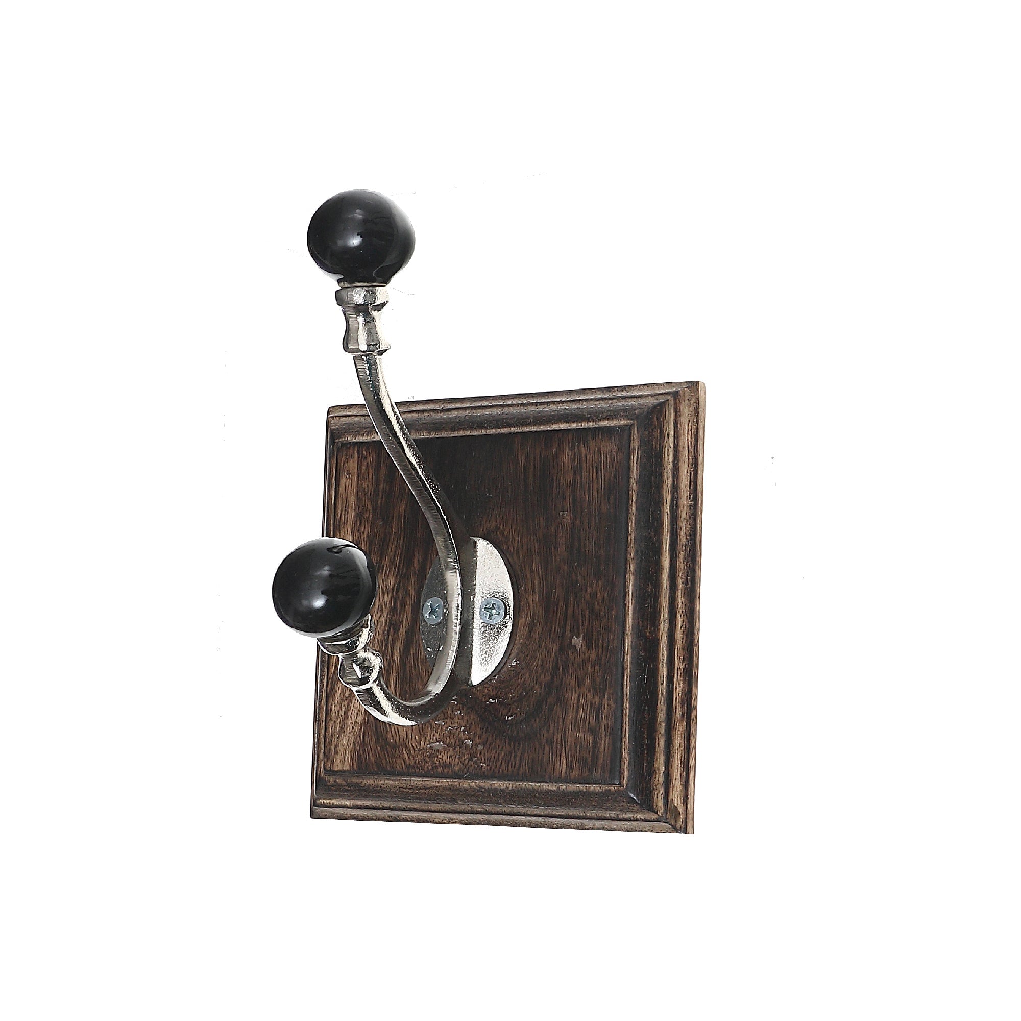 Antique Nickel Hook With Black Knob On Walnut Wood Base - Set of 2 Decorative Wall Hooks