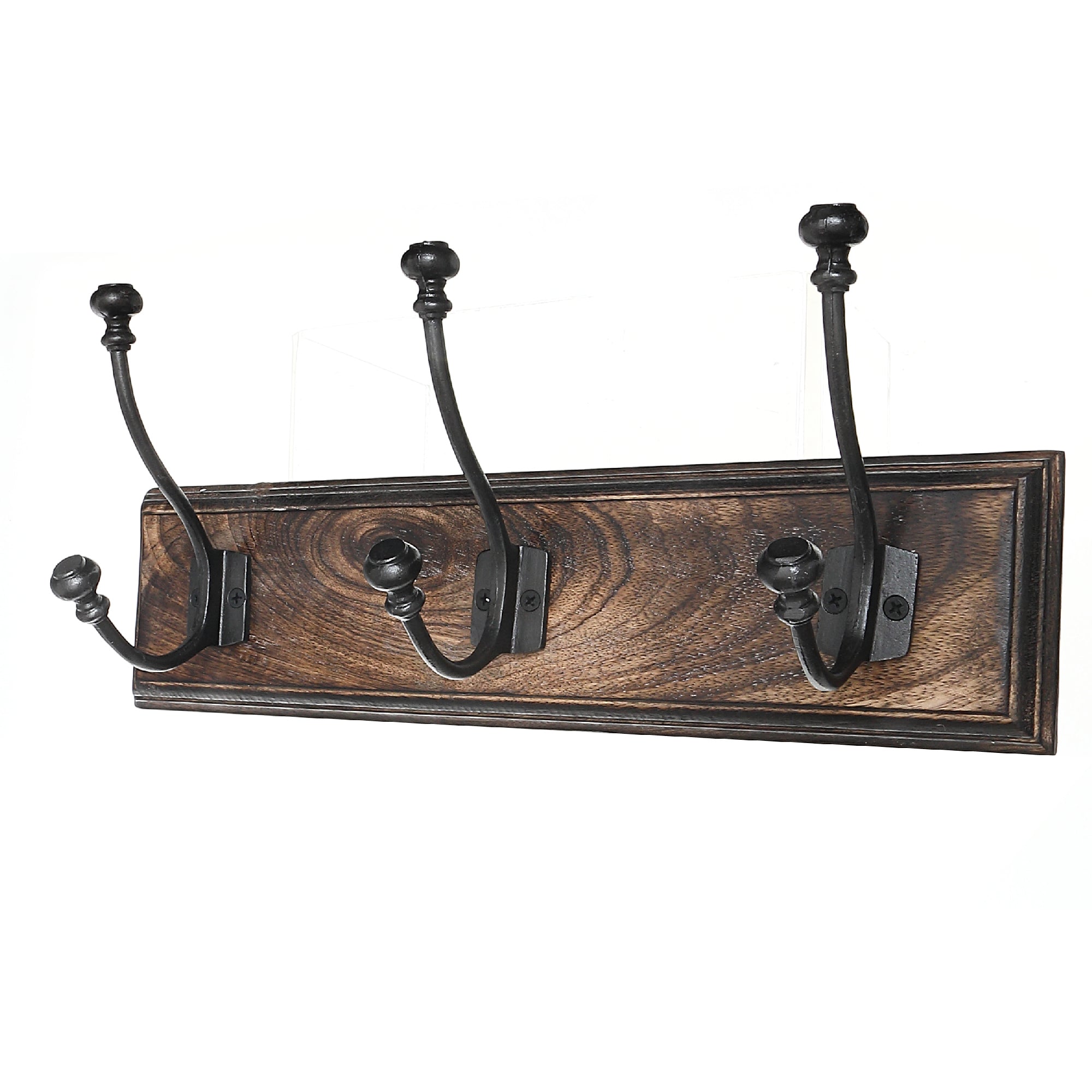 Triple Gun Metal Iron Wall Hooks On Wooden Base Coat and Hat Rack