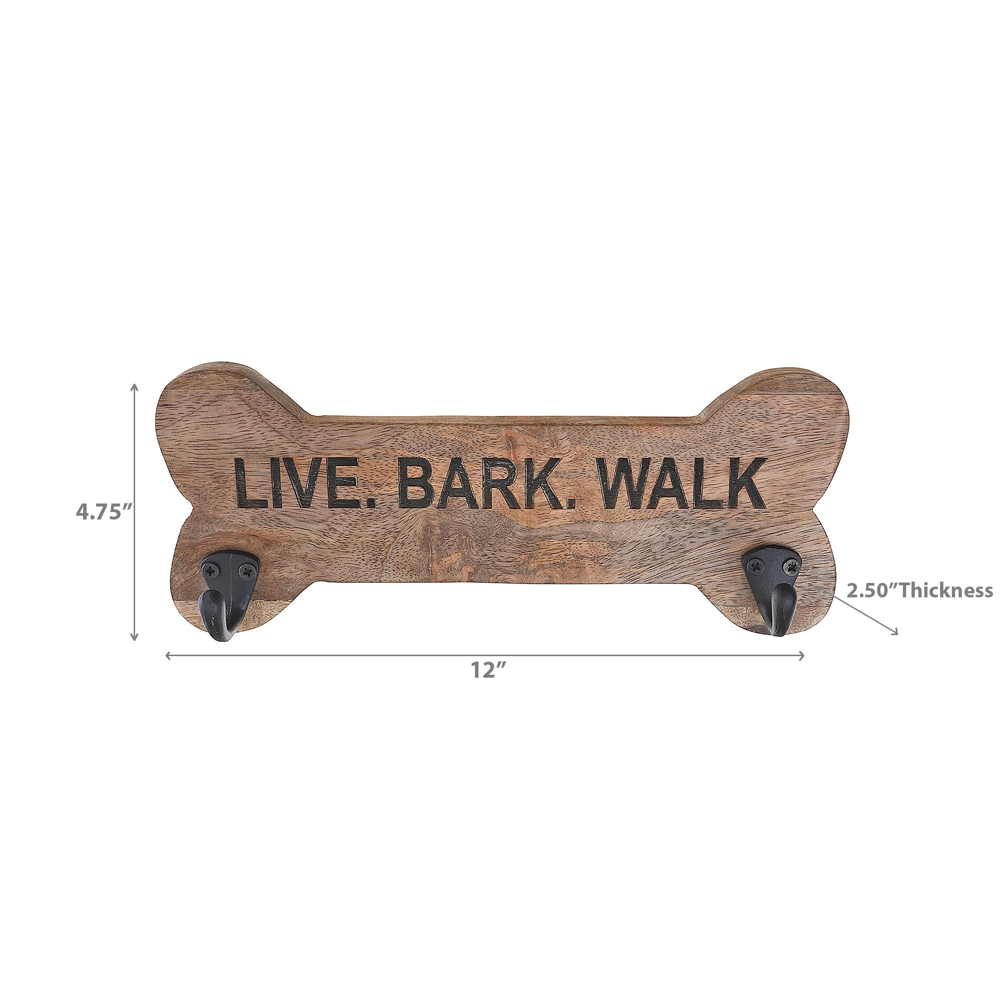 Wood Bone Shape Live Bark Wall Hook With 2 Black Hooks, Pet Home Organizer, Rustic Wall Decor