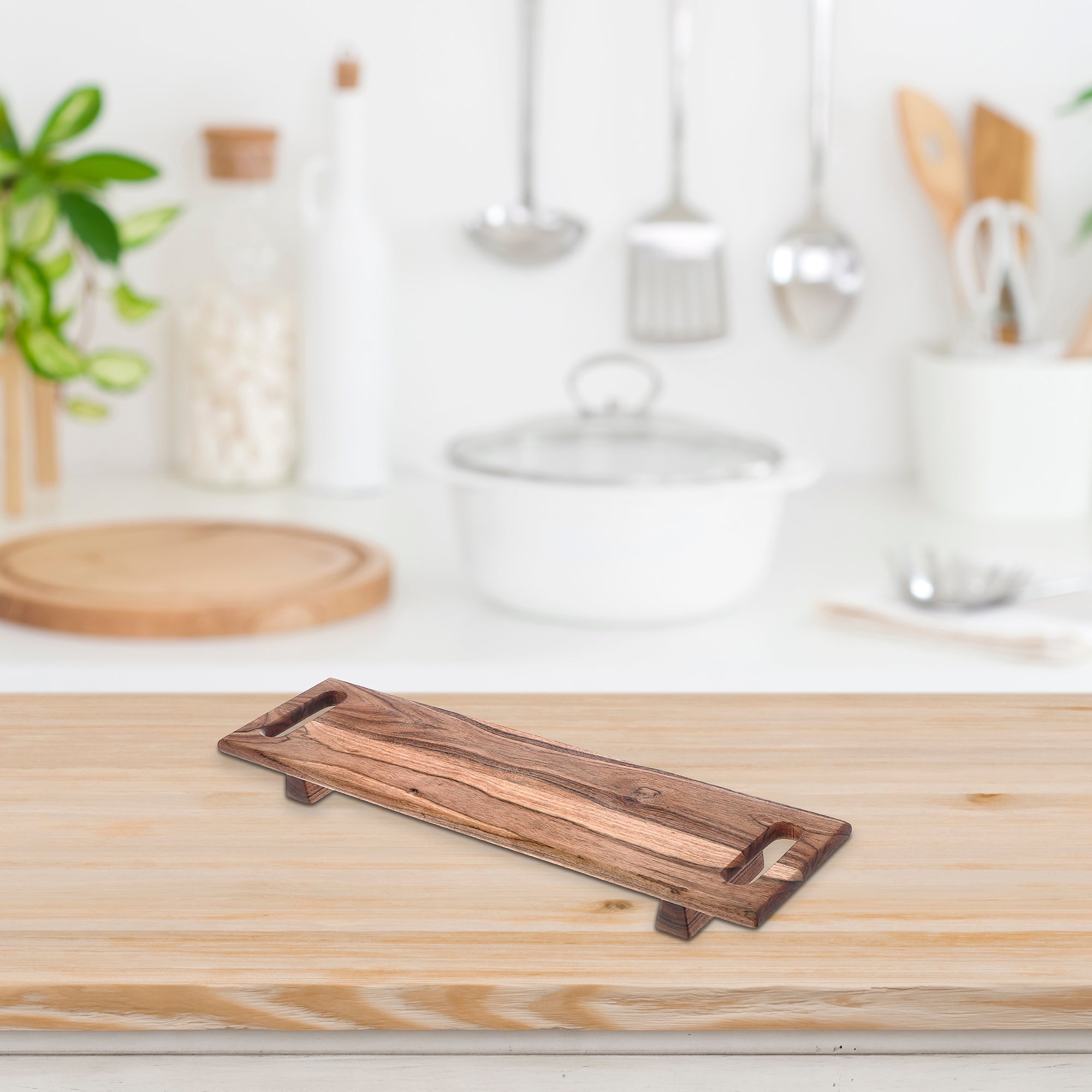 Acacia Wood Rectangular Serving Board With Dual Handles On Stand Kitchen Serving Tray
