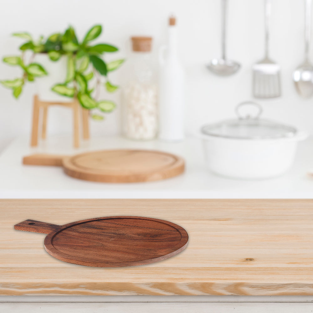 Acacia Wood Round Serving Tray with Handle, Kitchen Platter, Cheese Board, Party Tray, Entertaining Board