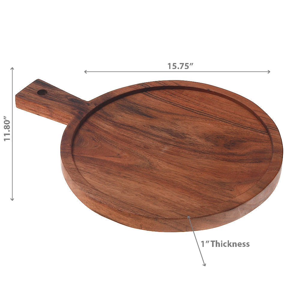 Acacia Wood Round Serving Tray with Handle, Kitchen Platter, Cheese Board, Party Tray, Entertaining Board