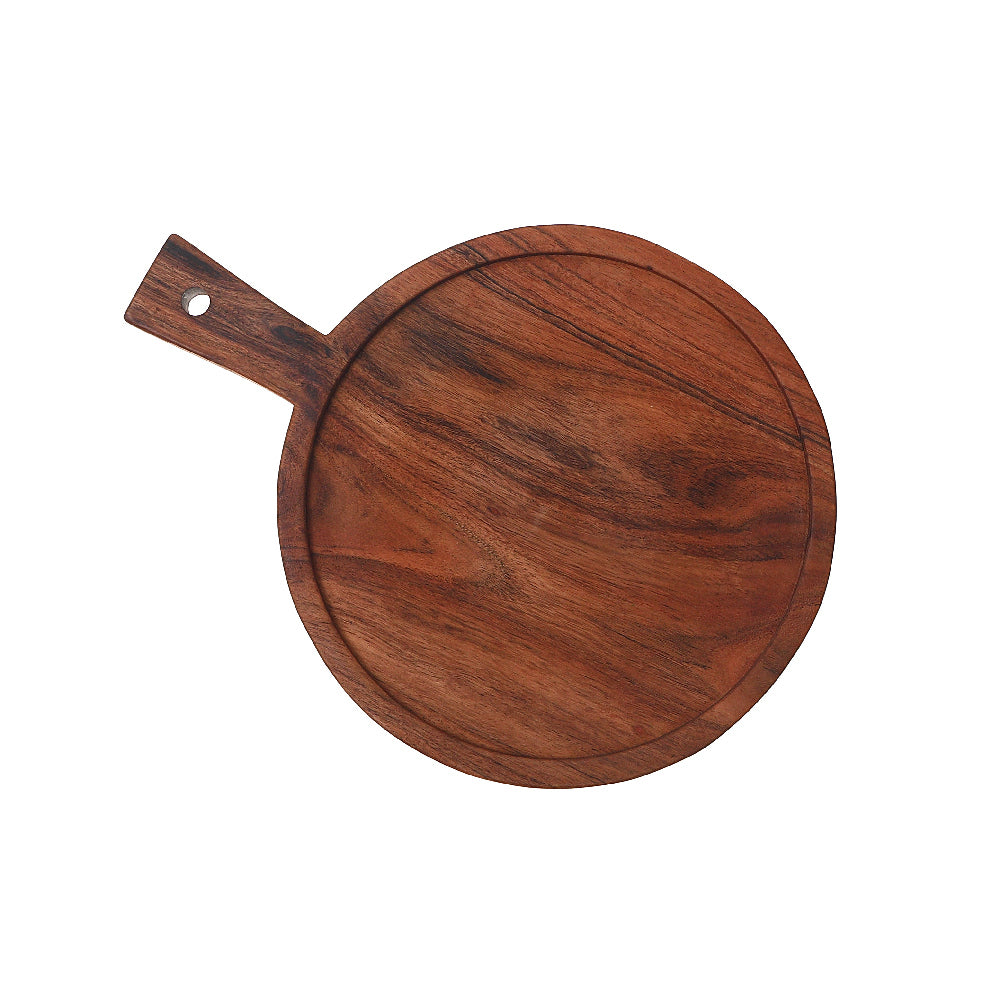 Acacia Wood Round Serving Tray with Handle, Kitchen Platter, Cheese Board, Party Tray, Entertaining Board