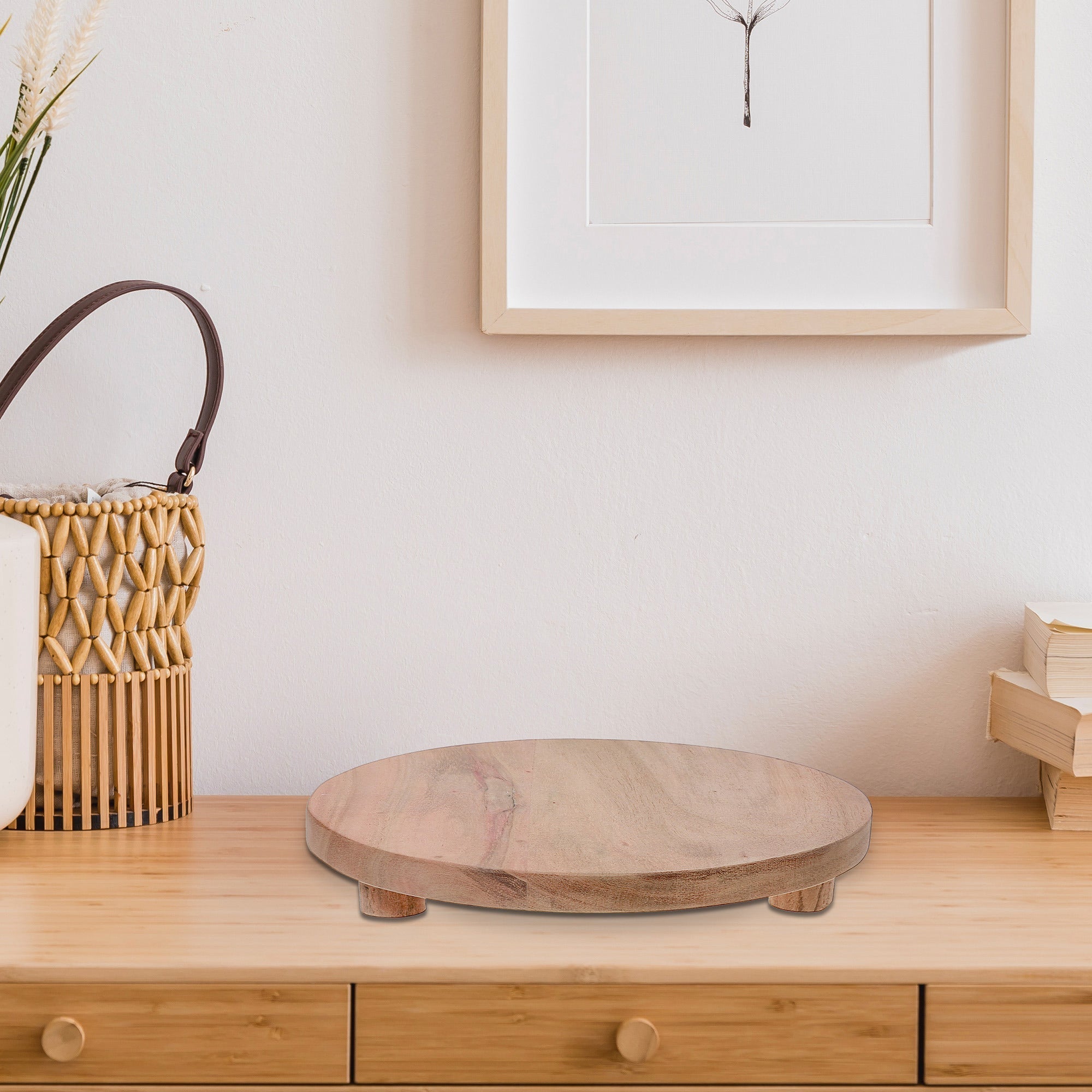 Acacia Wood Round Table Riser, Rustic Kitchen Display Stand, Serving Tray Riser