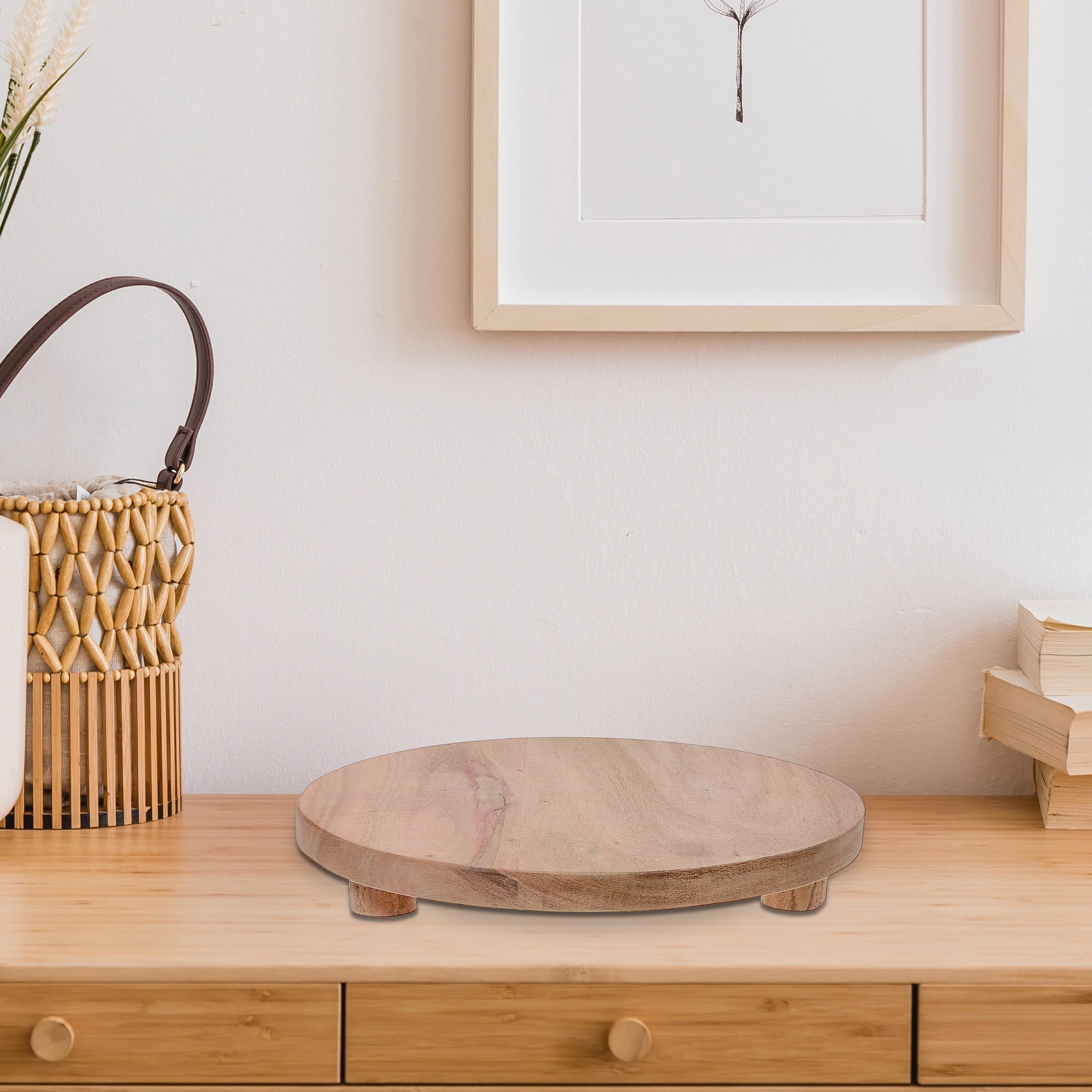 Acacia Wood Round Table Riser, Rustic Kitchen Display Stand, Serving Tray Riser