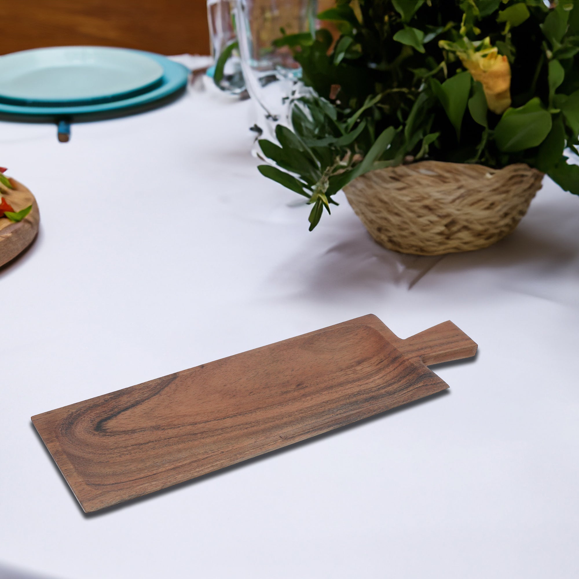Acacia Wooden Beveled Serving Board with Handle – Kitchen Cheese or Charcuterie Board