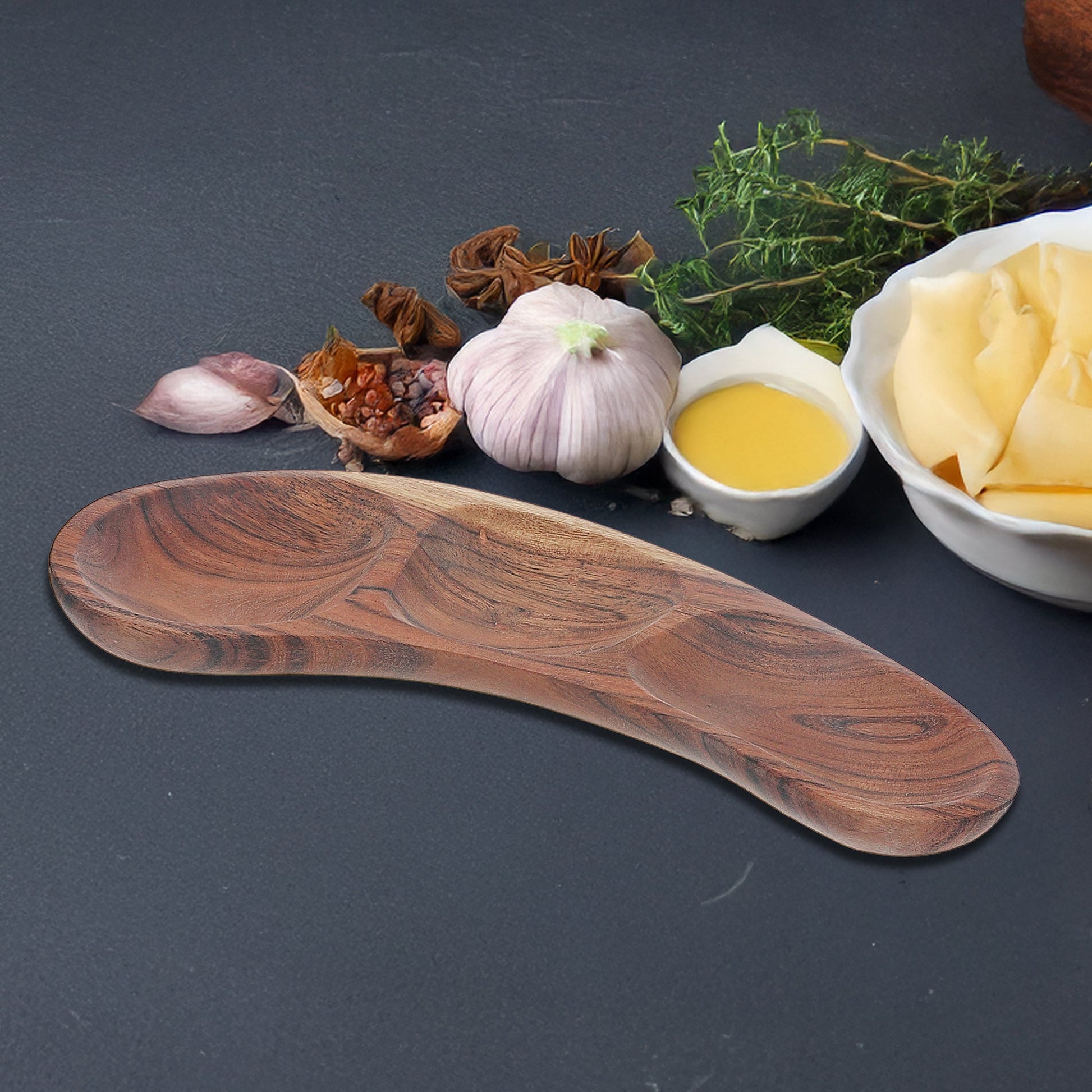 Large Acacia Wood 3-Section Serving Dish with Oiled Finish
