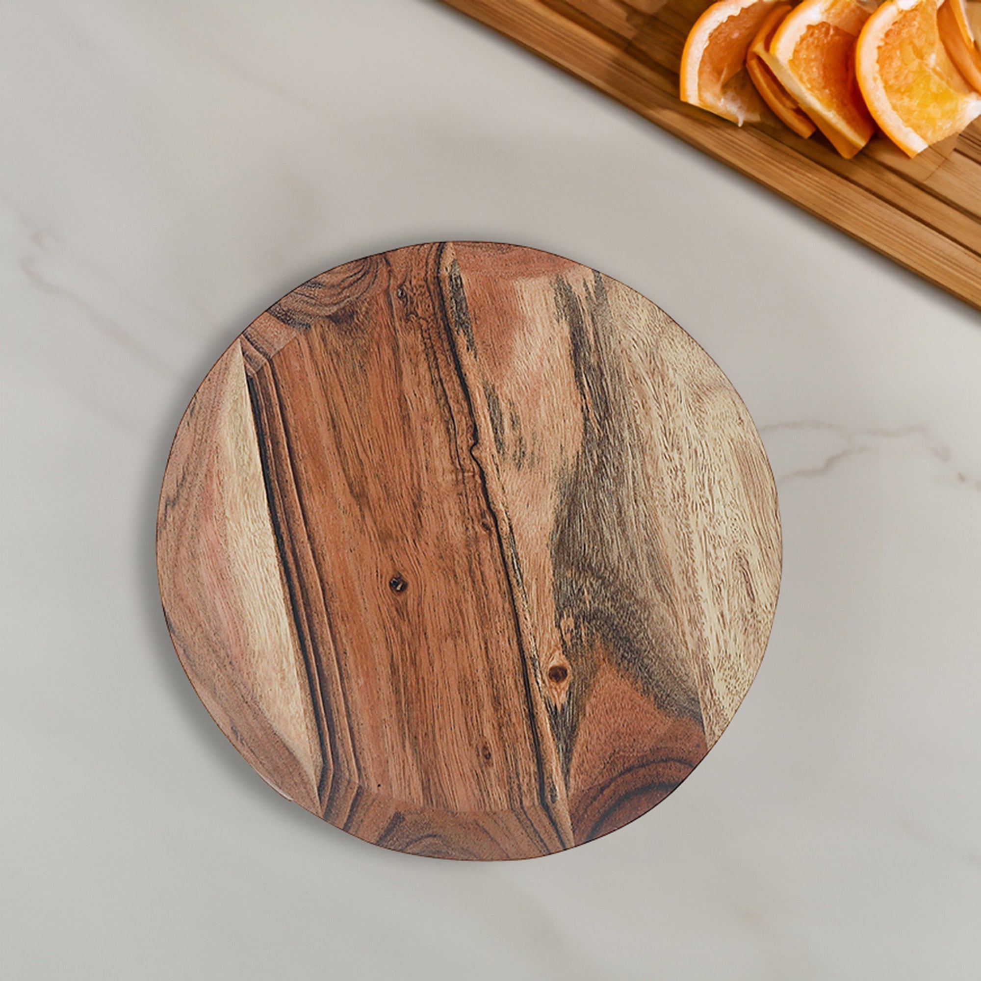 Acacia Oiled Wooden Round Beveled Edge Table Riser, Acacia Wood Table Riser, Round Beveled Edge Display Stand, Rustic Kitchen Countertop Organizer