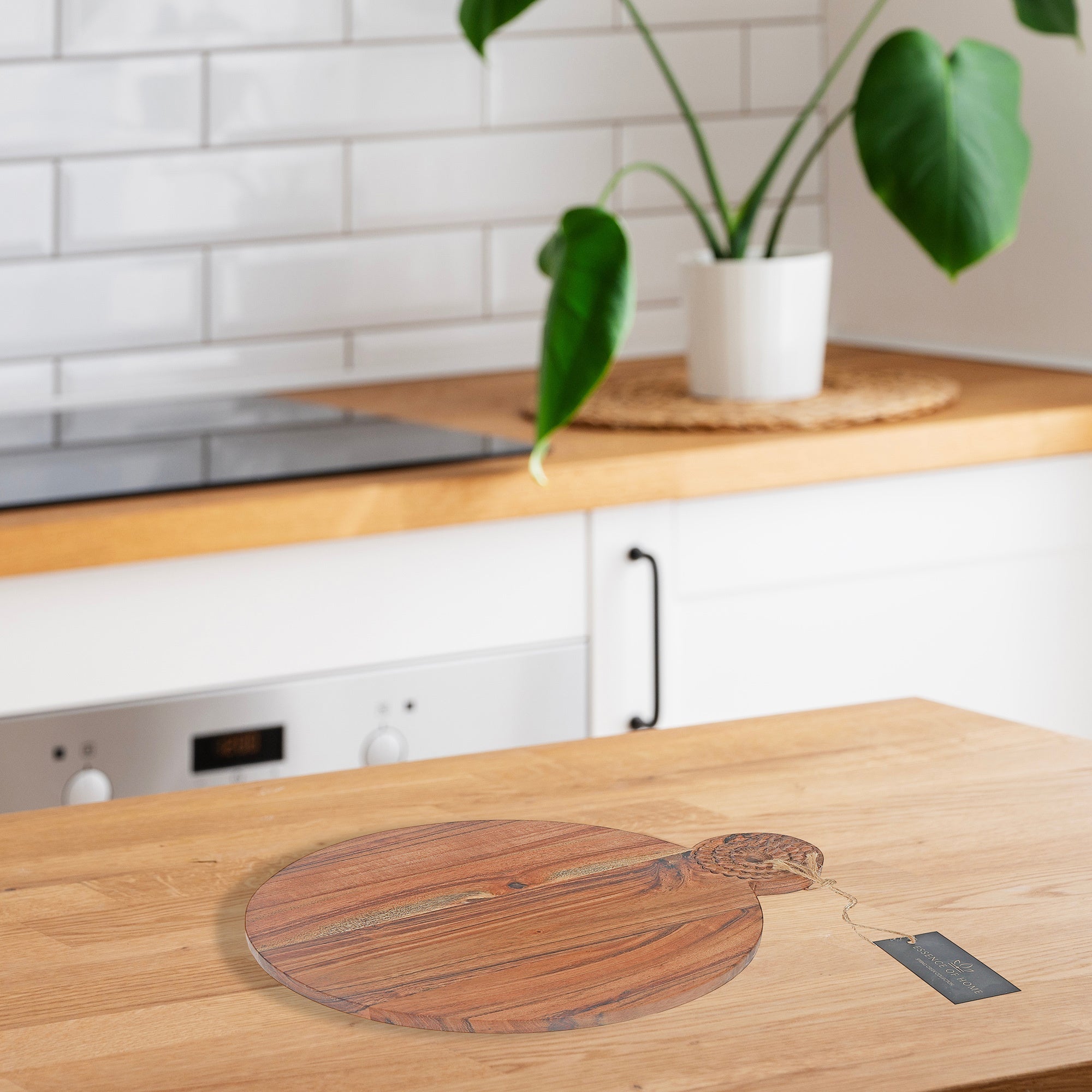 Acacia Wood Round Serving Board With Handle 14", 14 Inch Acacia Wood Serving Board, Round Charcuterie Board With Handle, Rustic Kitchen Serving Platter