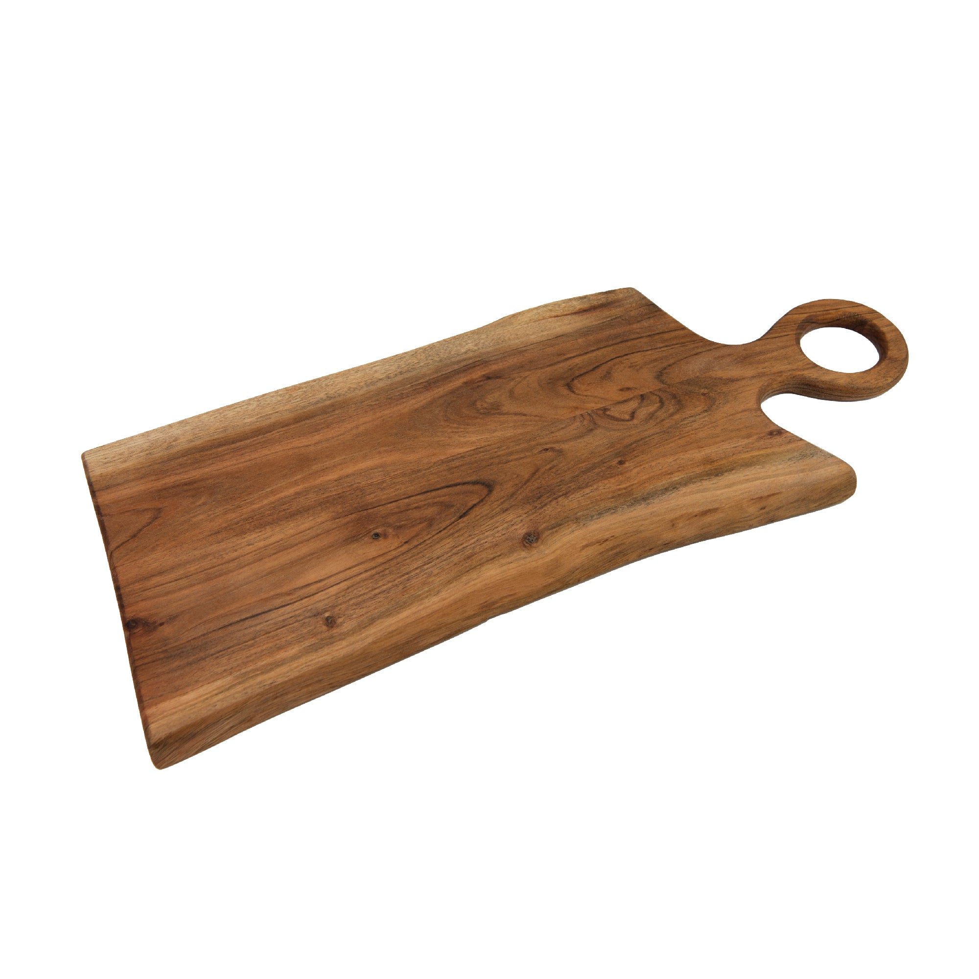 Acacia Wood Chopping Board with Live Edge and Round Handle for Kitchen Use