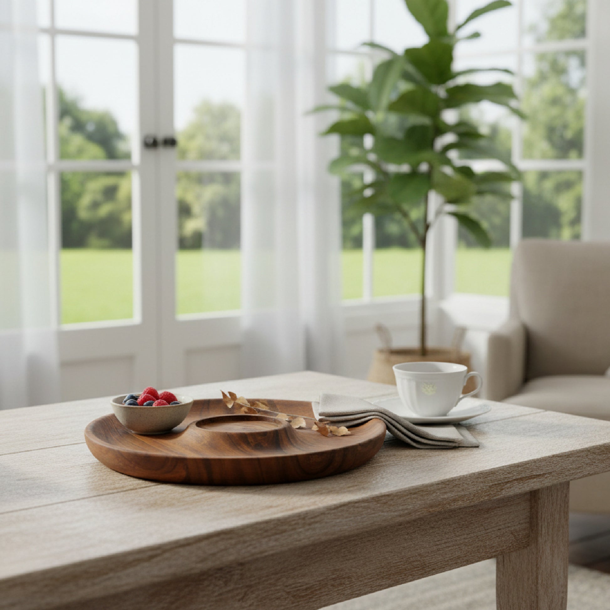 Round Acacia Wood Serving Tray with Natural Wood Grain