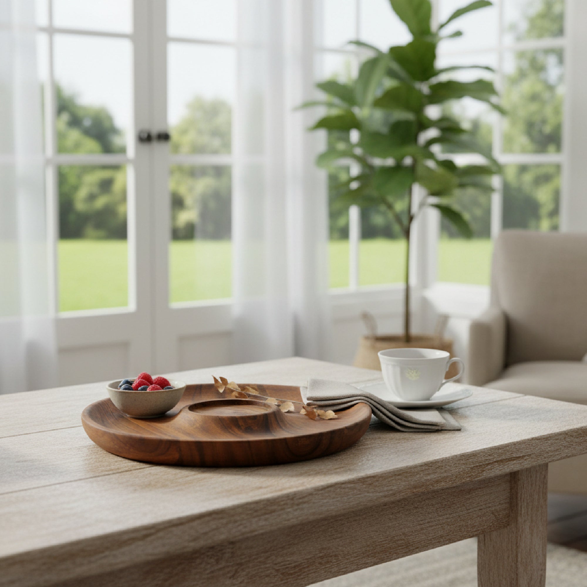 Round Acacia Wood Serving Tray with Natural Wood Grain