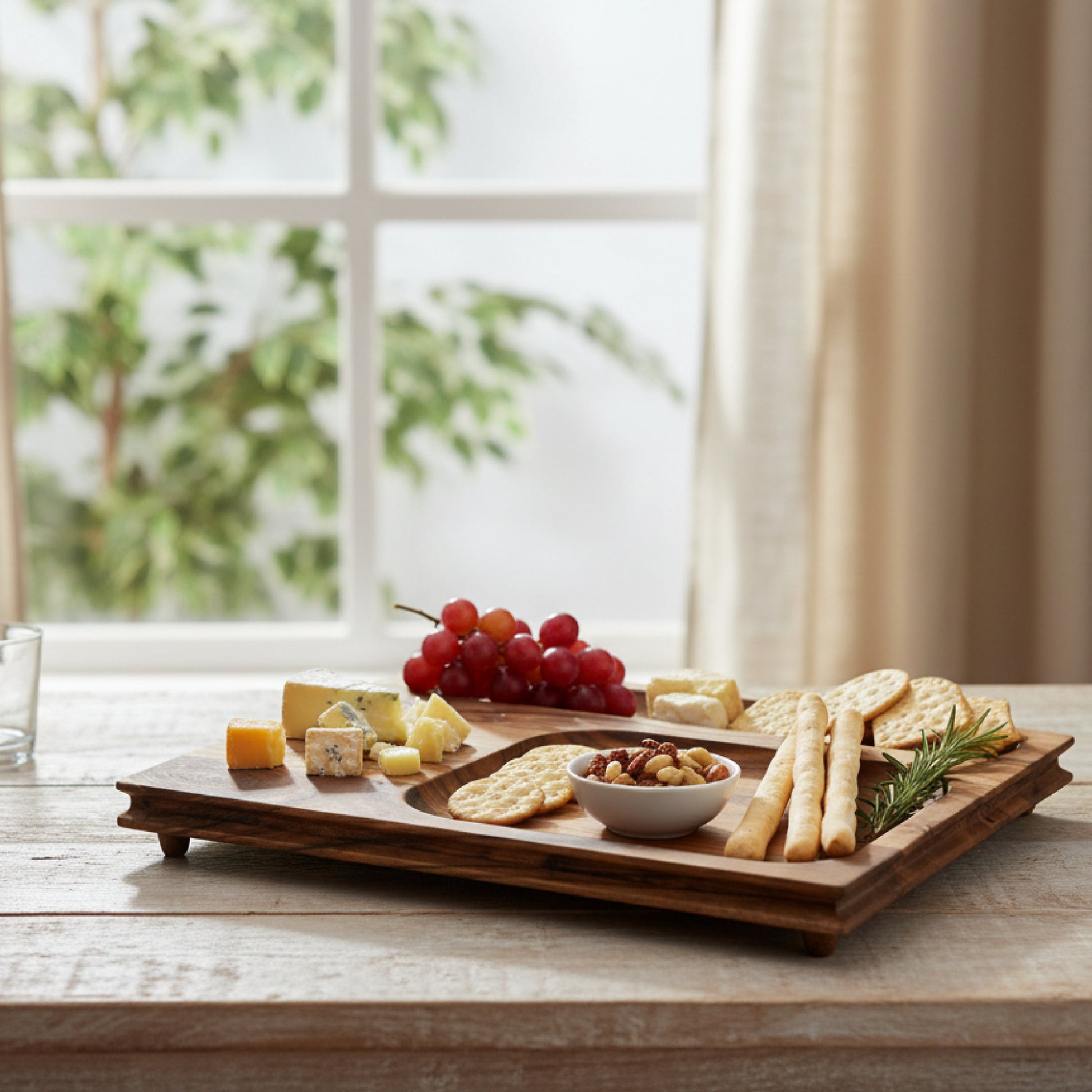 Sectioned Acacia Wood Serving Tray with Small Feet for Stability