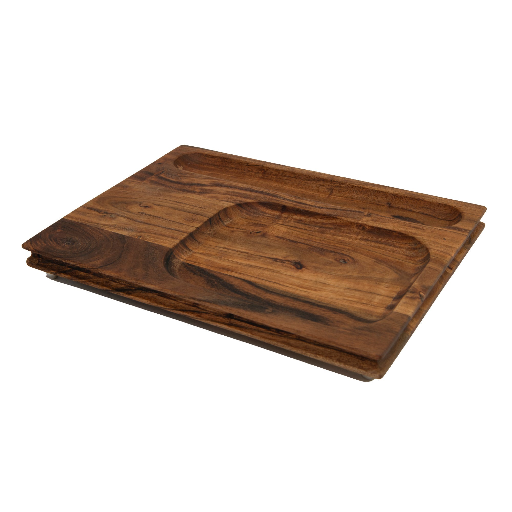 Sectioned Acacia Wood Serving Tray with Small Feet for Stability