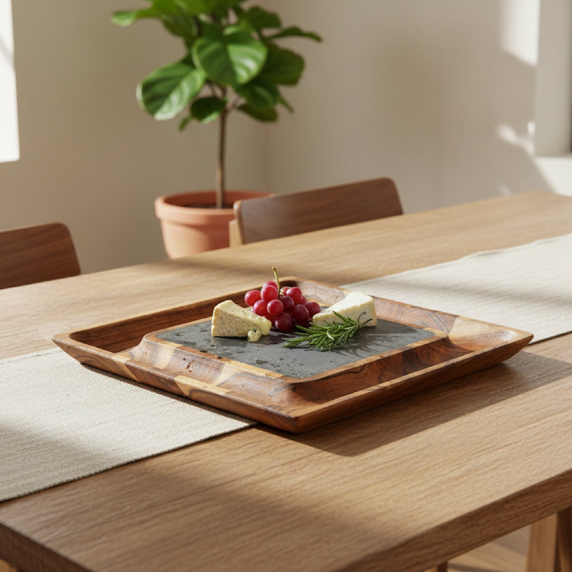 Acacia Wood Serving Tray with Slate Stone Insert for Stylish Presentation