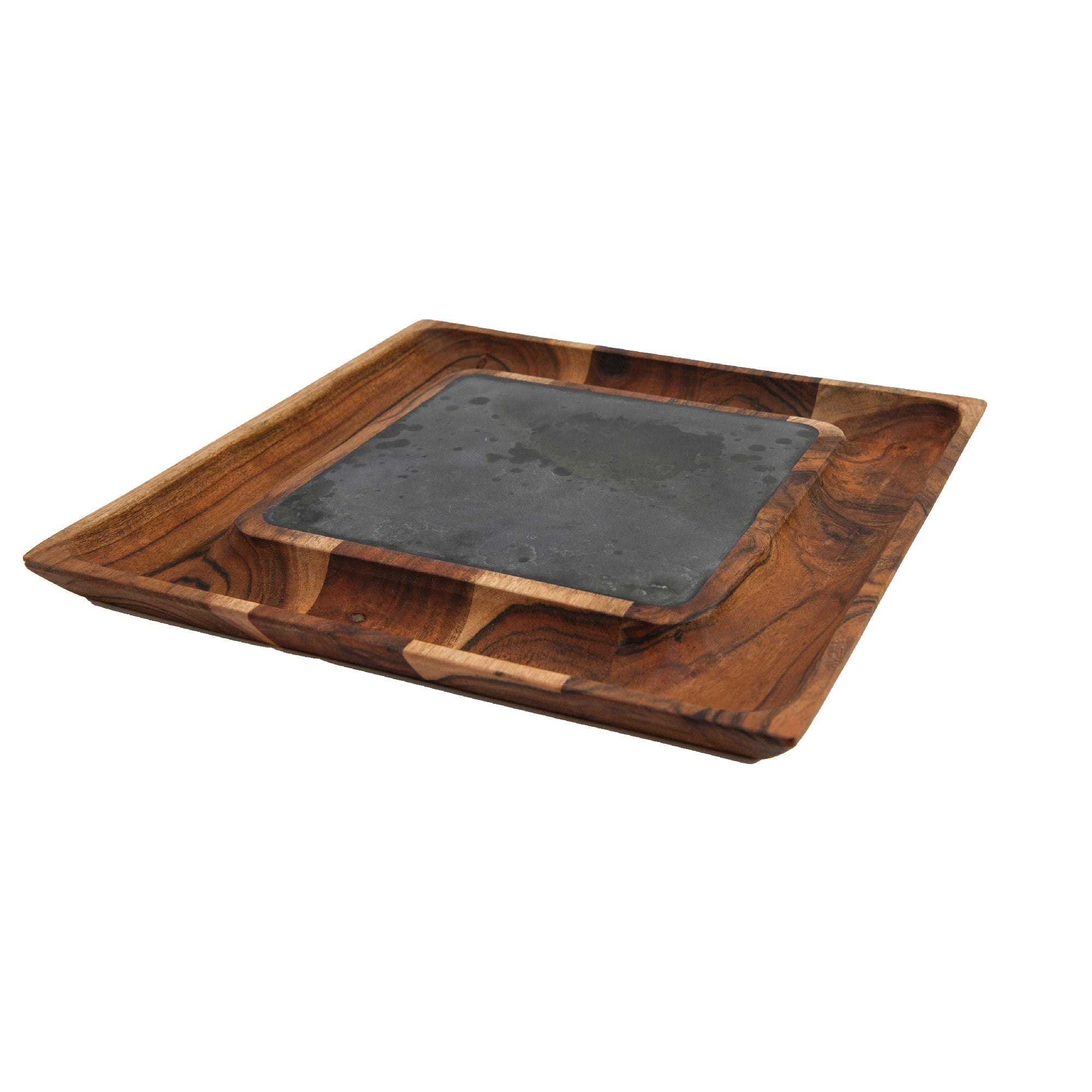 Acacia Wood Serving Tray with Slate Stone Insert for Stylish Presentation