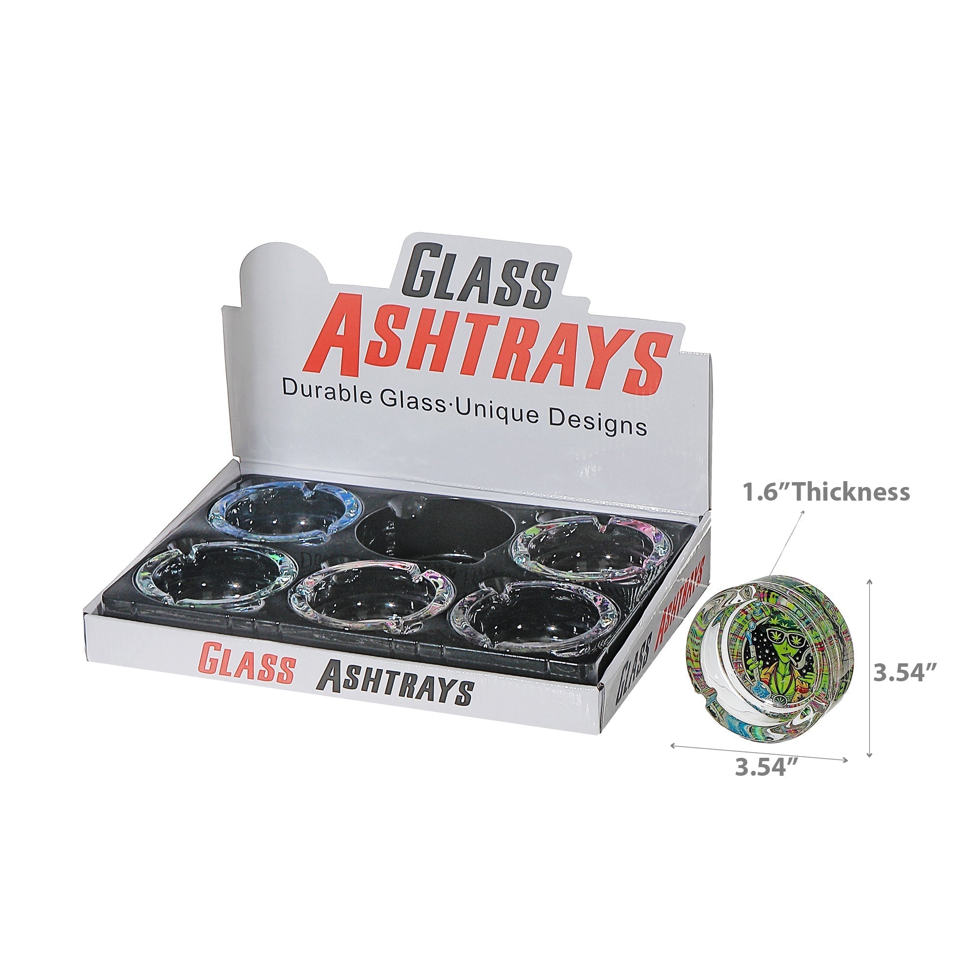 Glow in the Dark Glass Ashtray Assorted Designs Set of 6 Indoor Outdoor Smoking Accessory