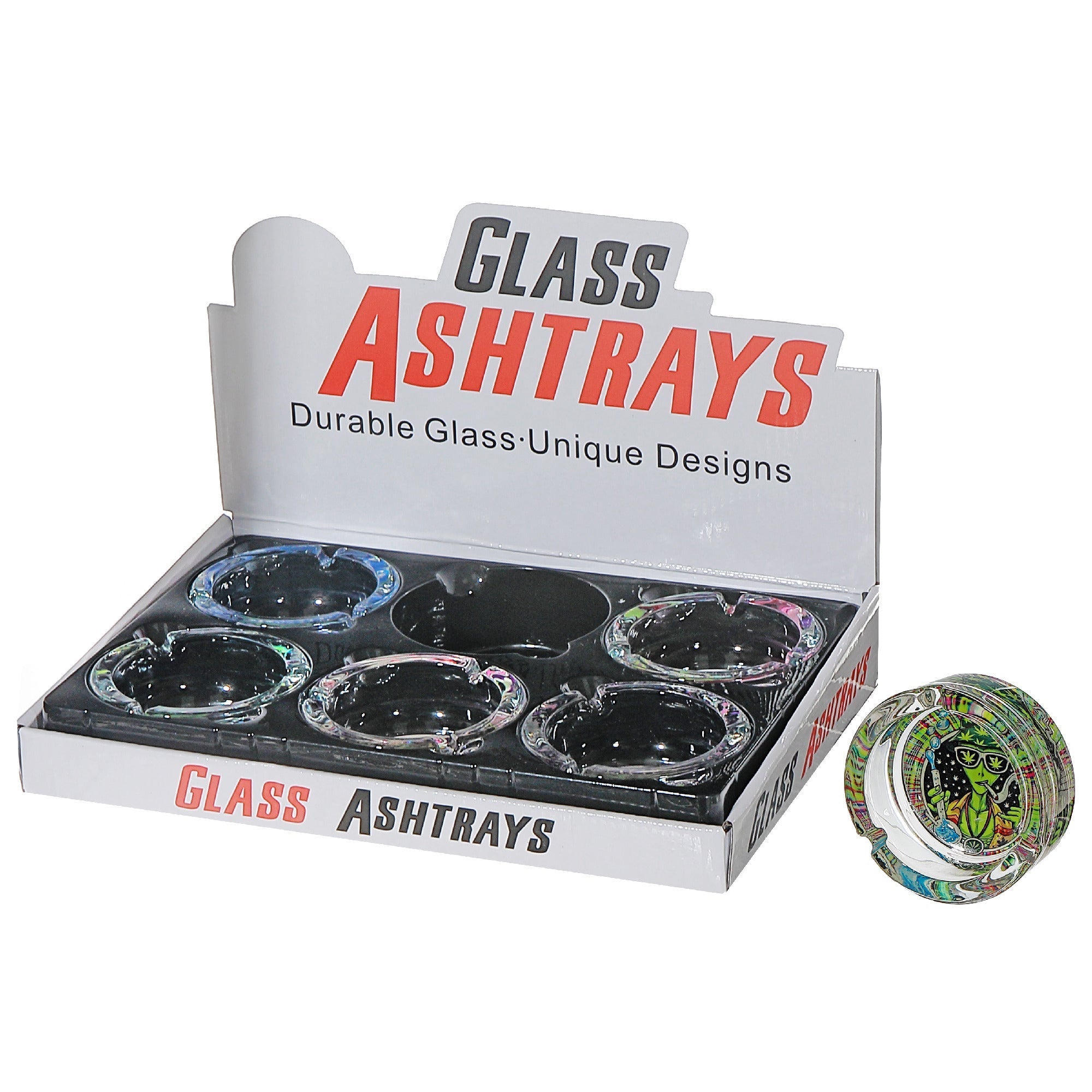 Glow in the Dark Glass Ashtray Assorted Designs Set of 6 Indoor Outdoor Smoking Accessory